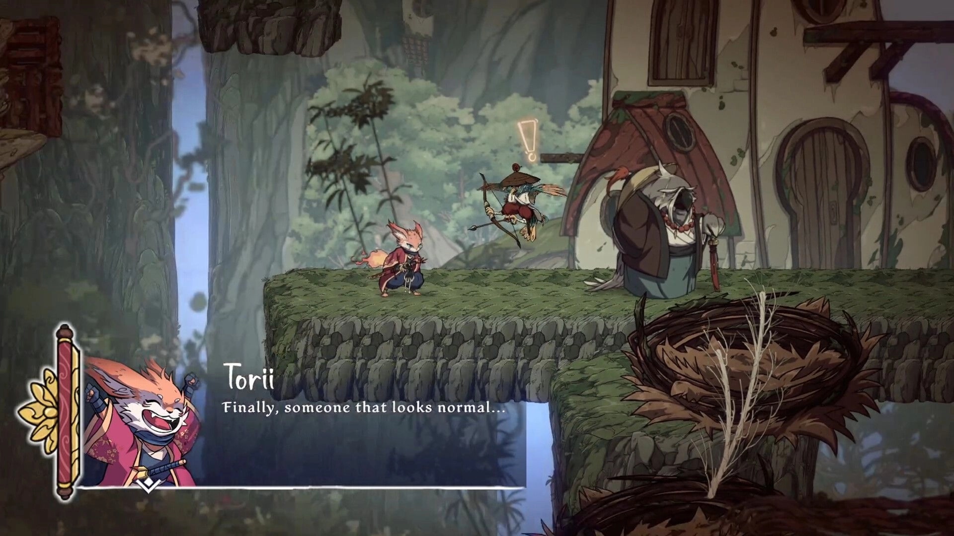 Torii: Two characters encounter a large creature in a forested village setting with dialogue below.