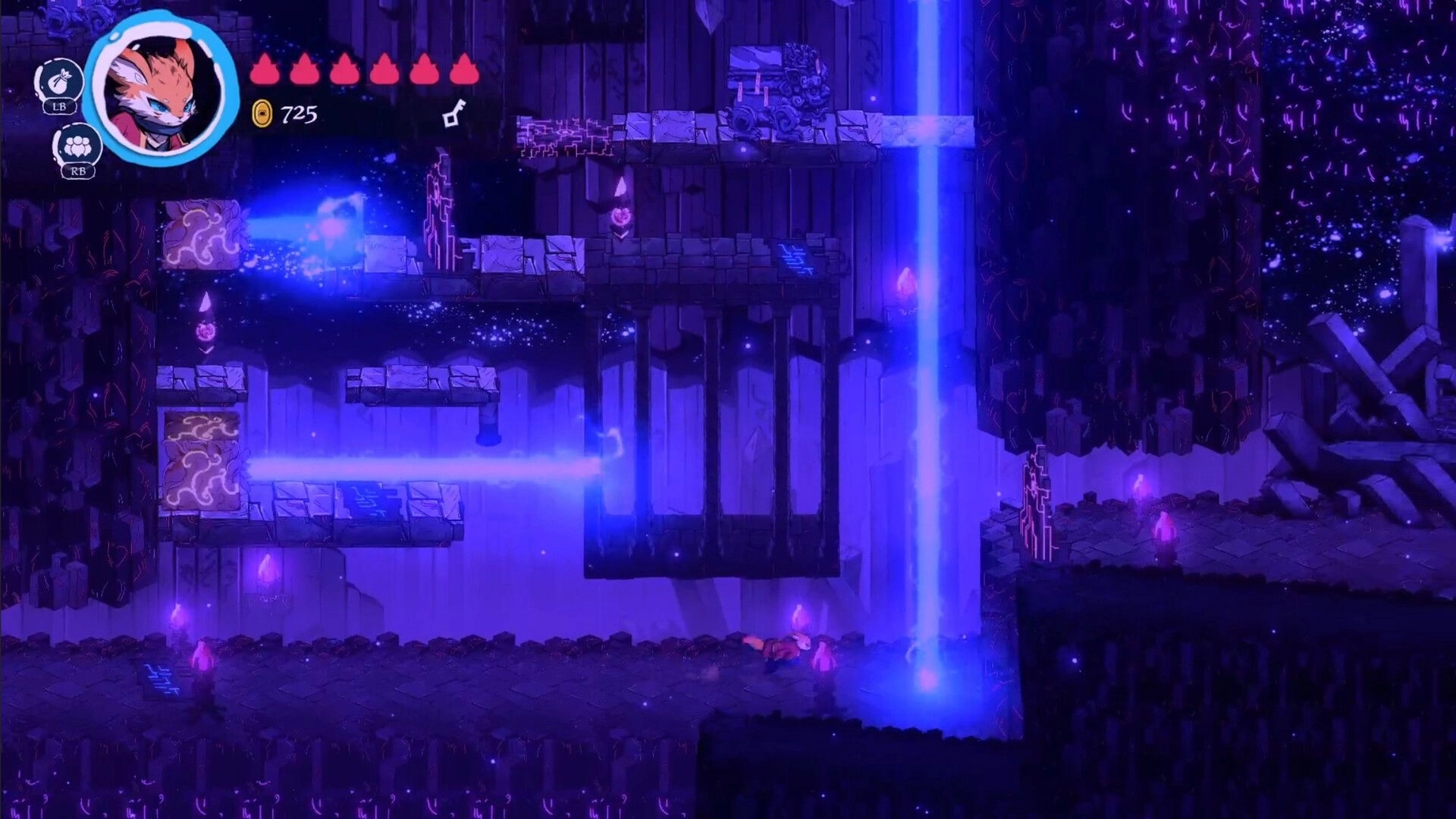 Torii: Character navigates mystical platforms with glowing blue beams in a dark, magical cavern.