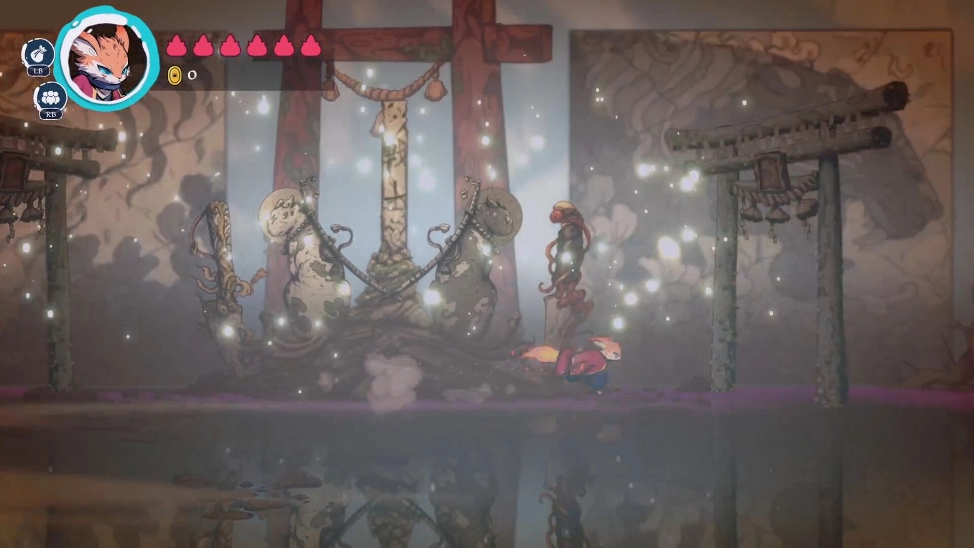 Torii: Character with fox mask running through mystical temple adorned with torii gates and sparkles