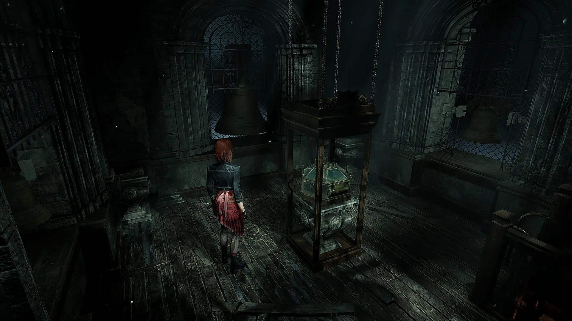 Tormented Souls 2: Caroline Walker exploring a dimly lit bell tower with chains and wooden floors