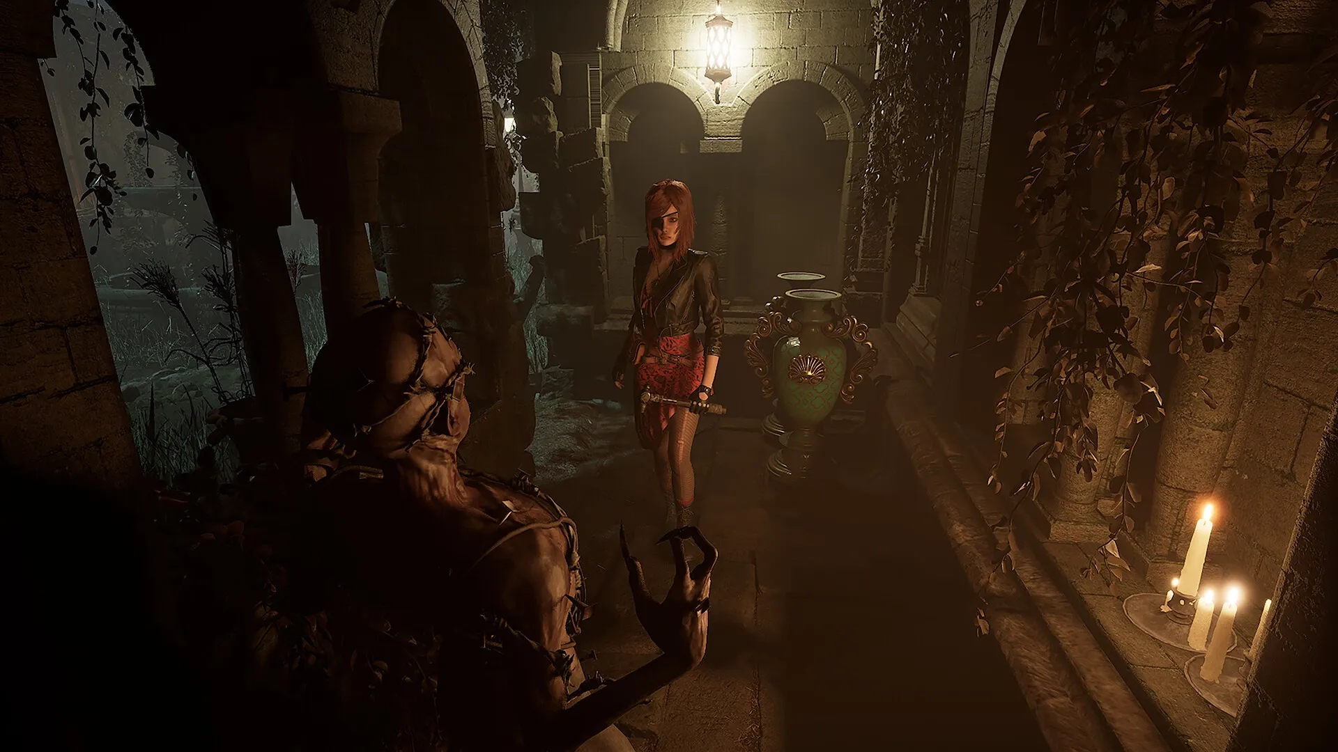 Tormented Souls 2: Caroline confronts a creature in a dimly lit, overgrown stone corridor with candles.