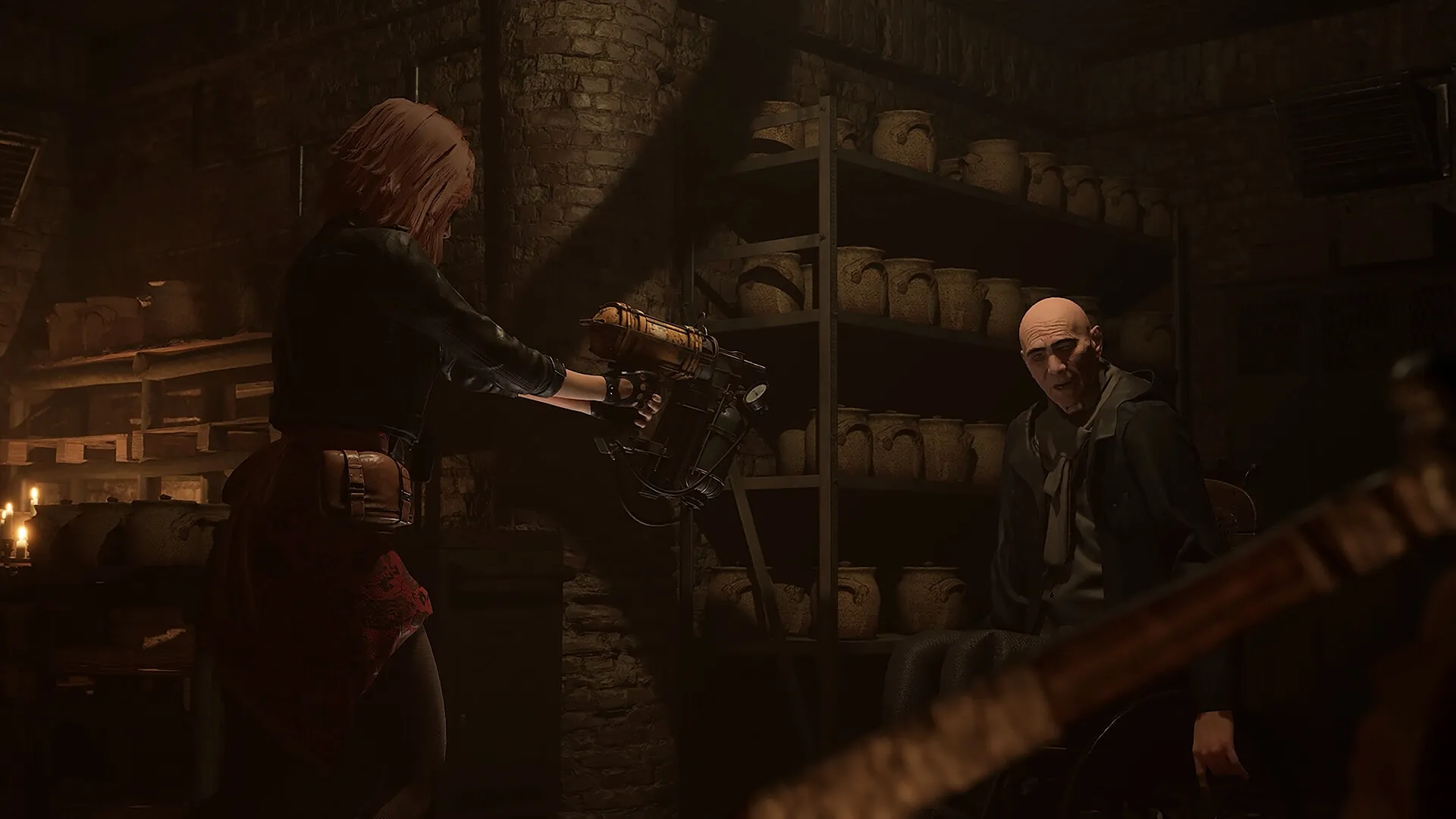 Tormented Souls 2: Caroline confronts a man with an improvised weapon in a dimly lit storage room.