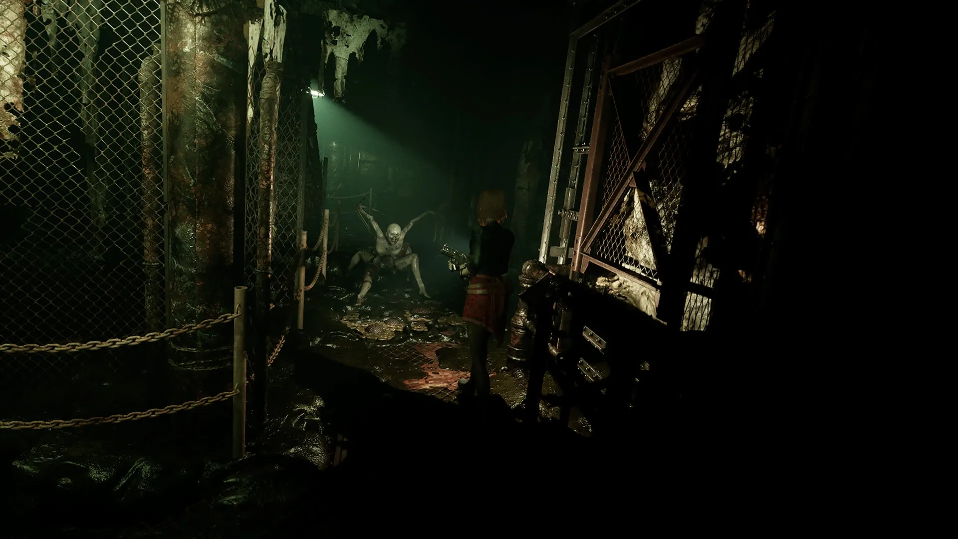 Tormented Souls 2: Caroline confronts a creature in a dimly lit, decaying corridor of Villa Hess.