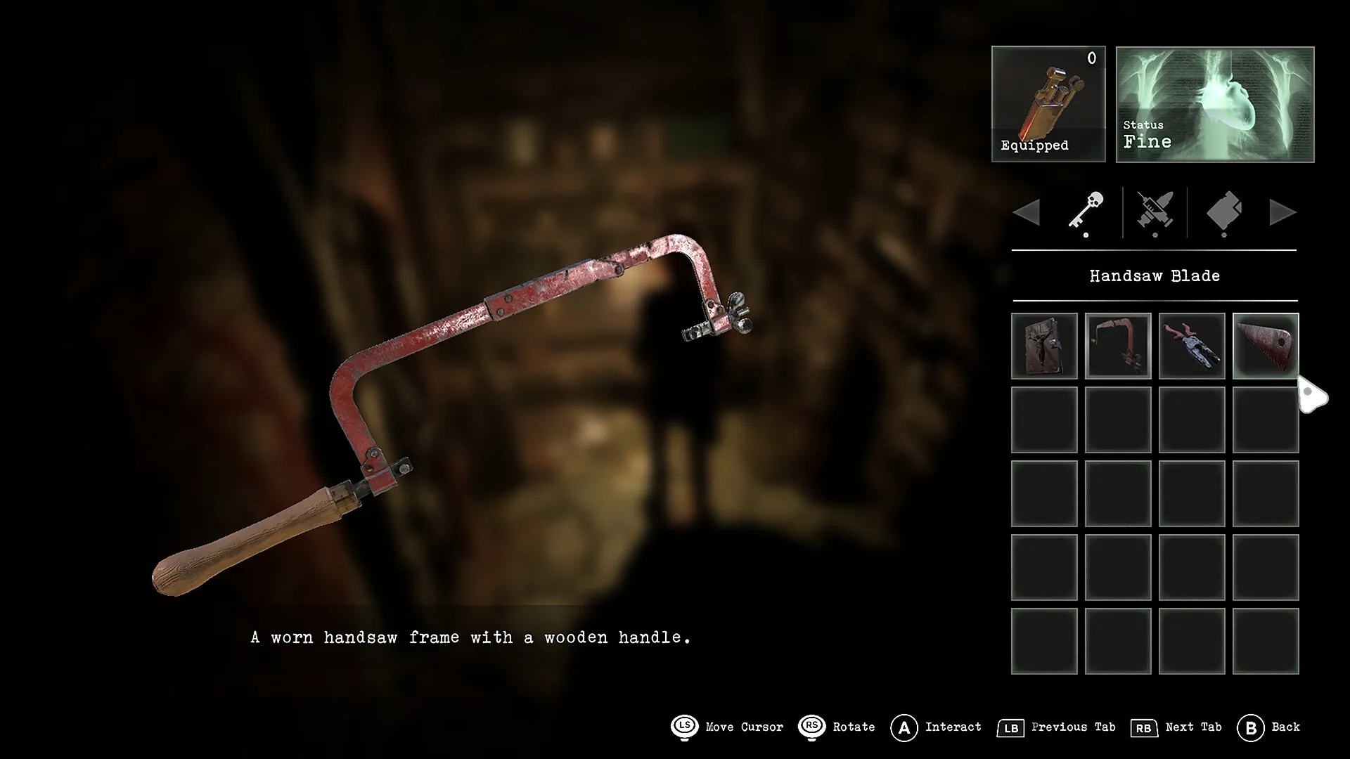 Tormented Souls 2: Inventory menu displaying handsaw blade and equipped status in dark workshop setting