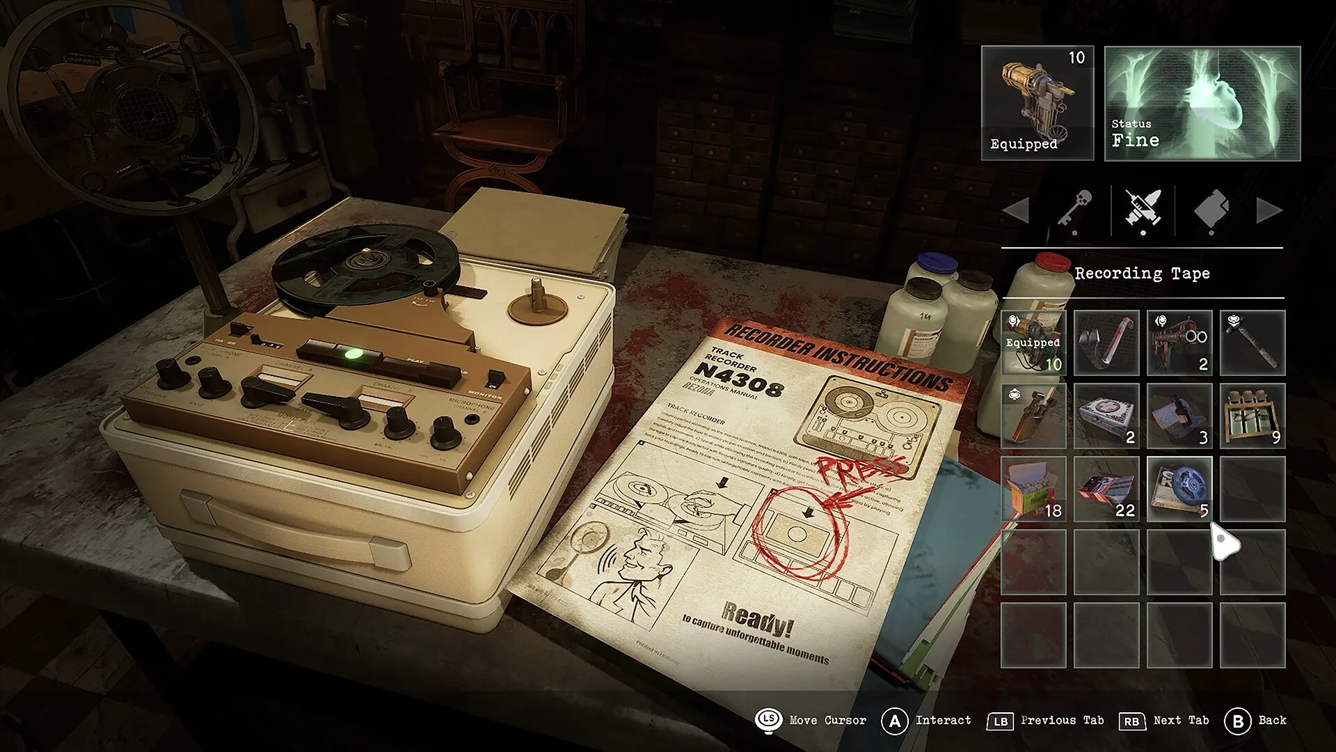 Tormented Souls 2: Tape recorder with inventory menu open on a blood-stained table in dimly lit room