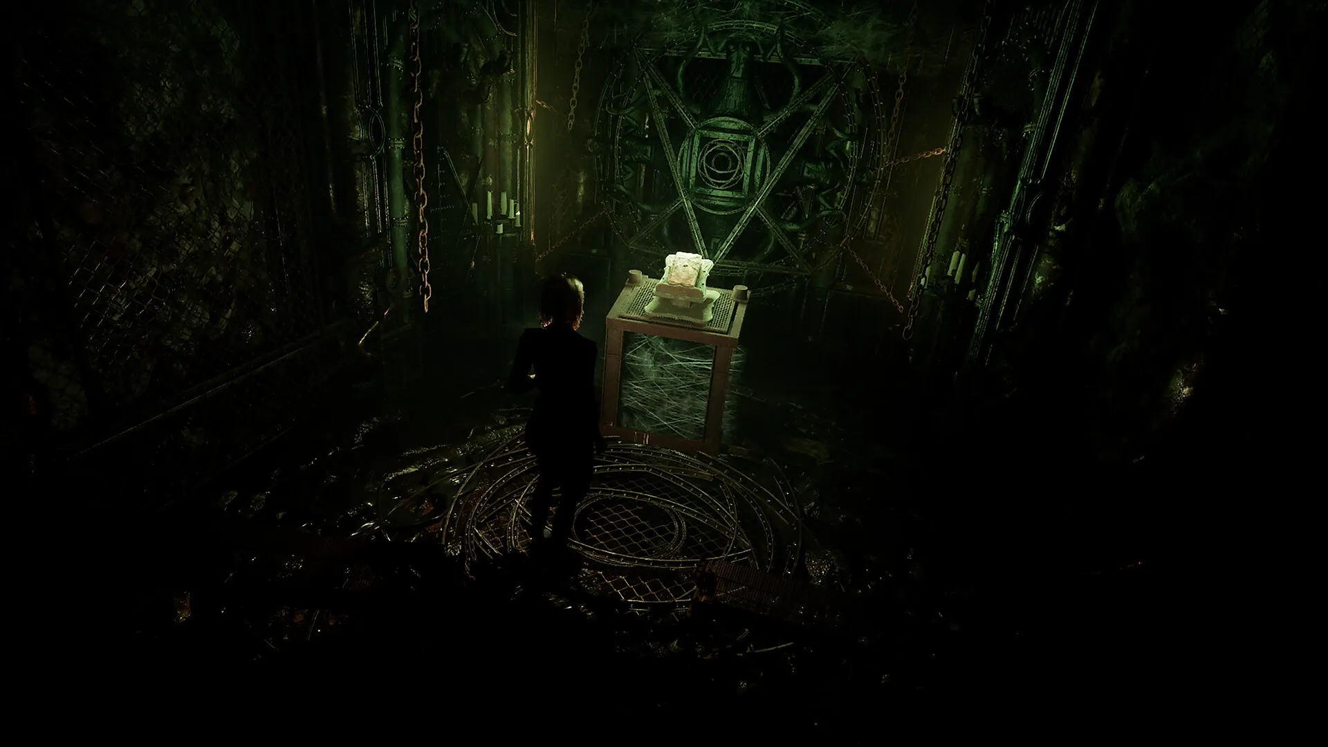 Tormented Souls 2: Caroline Walker approaches a mysterious altar in a dimly lit, eerie chamber