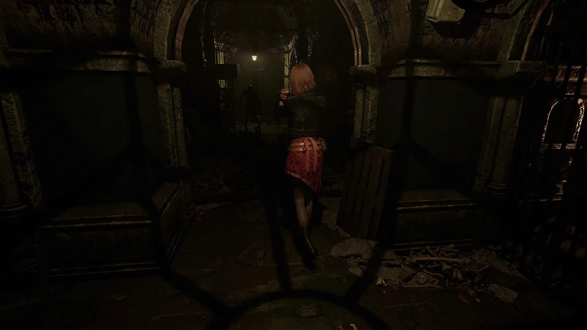 Tormented Souls 2: Caroline Walker aims a weapon at a shadowy figure in a dimly lit stone corridor.