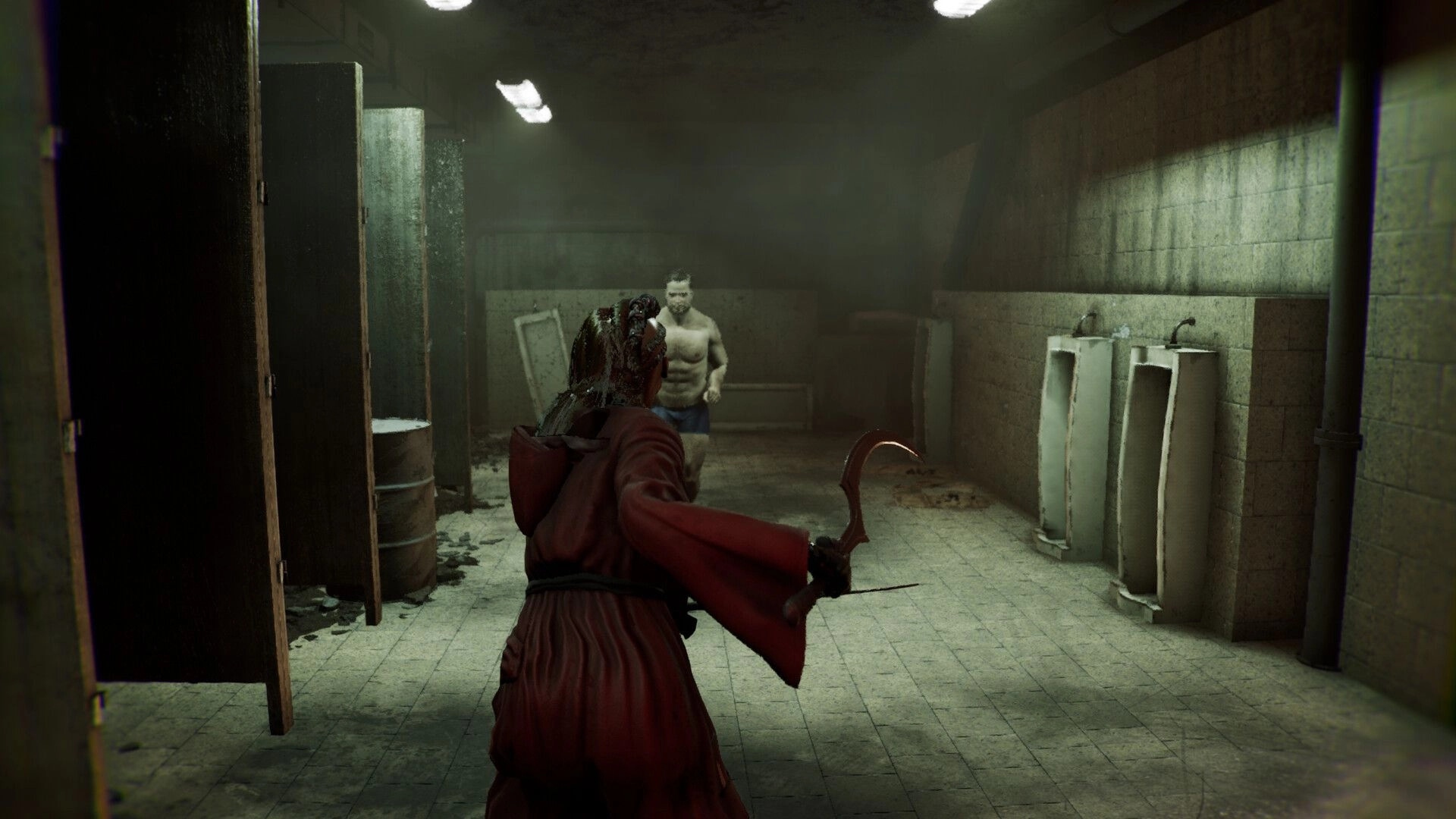 TORMENTOR: Hooded figure with curved blade approaches shirtless man in dimly lit, grimy bathroom.