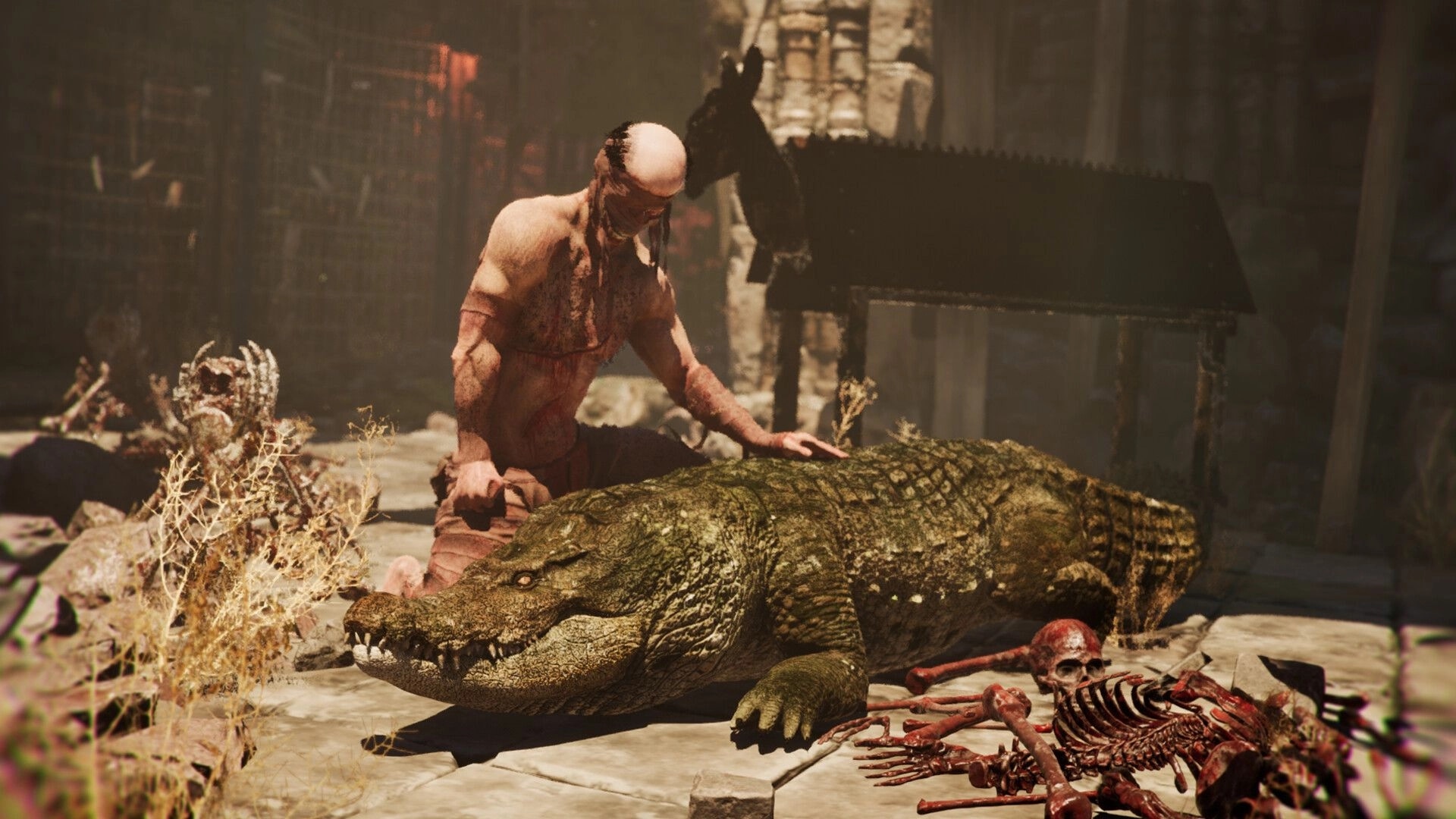 TORMENTOR: Torturer interacts with a massive crocodile in a grim dungeon filled with bones and debris.