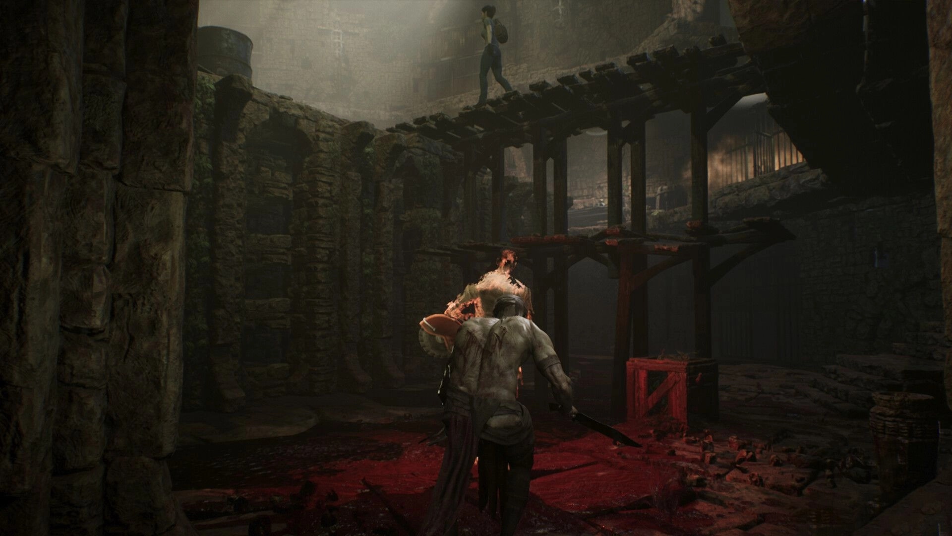TORMENTOR: Dark dungeon scene with torturer wielding weapons, victim tied to post above blood-stained floor.