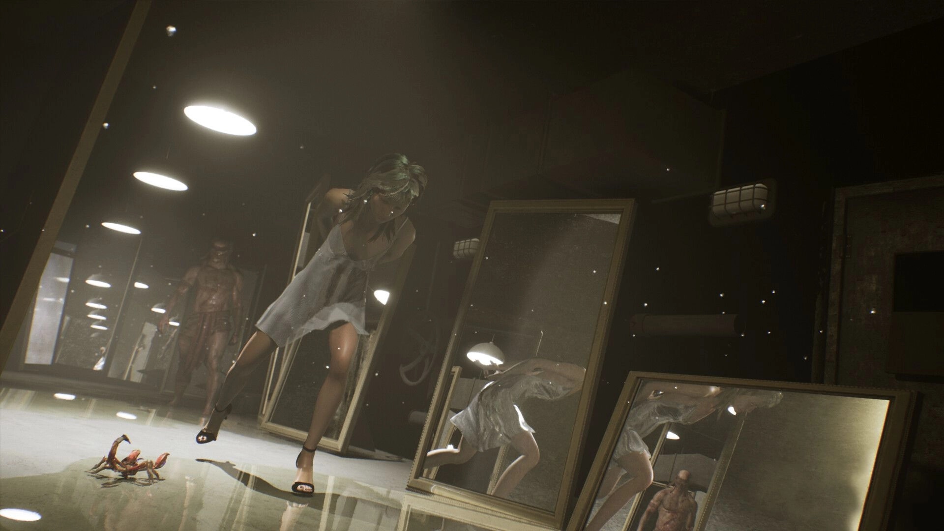 TORMENTOR: Woman in white dress fleeing from monster in dimly lit corridor with mirrors and scorpion.