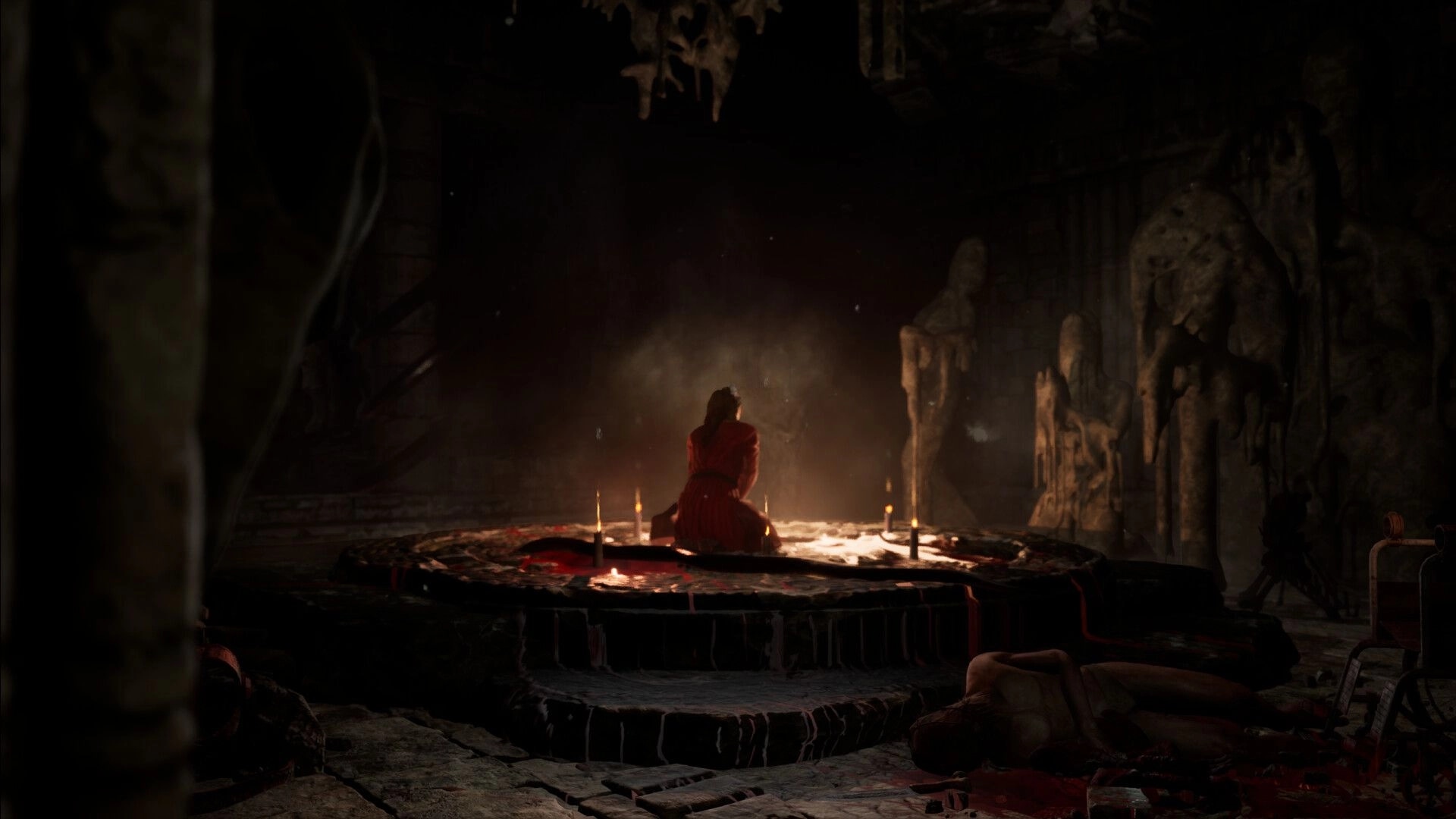 TORMENTOR: Hooded figure kneeling in dimly lit ritual chamber surrounded by candles and stone statues.