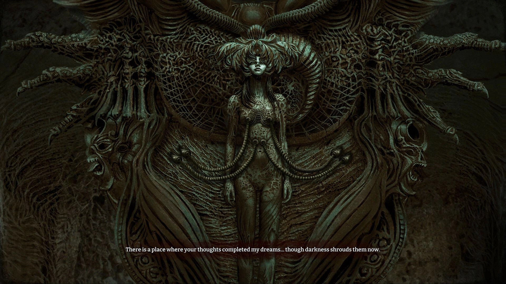 Tormentum II: Horned woman fused to biomechanical altar, subtitle text over dark organic chamber.