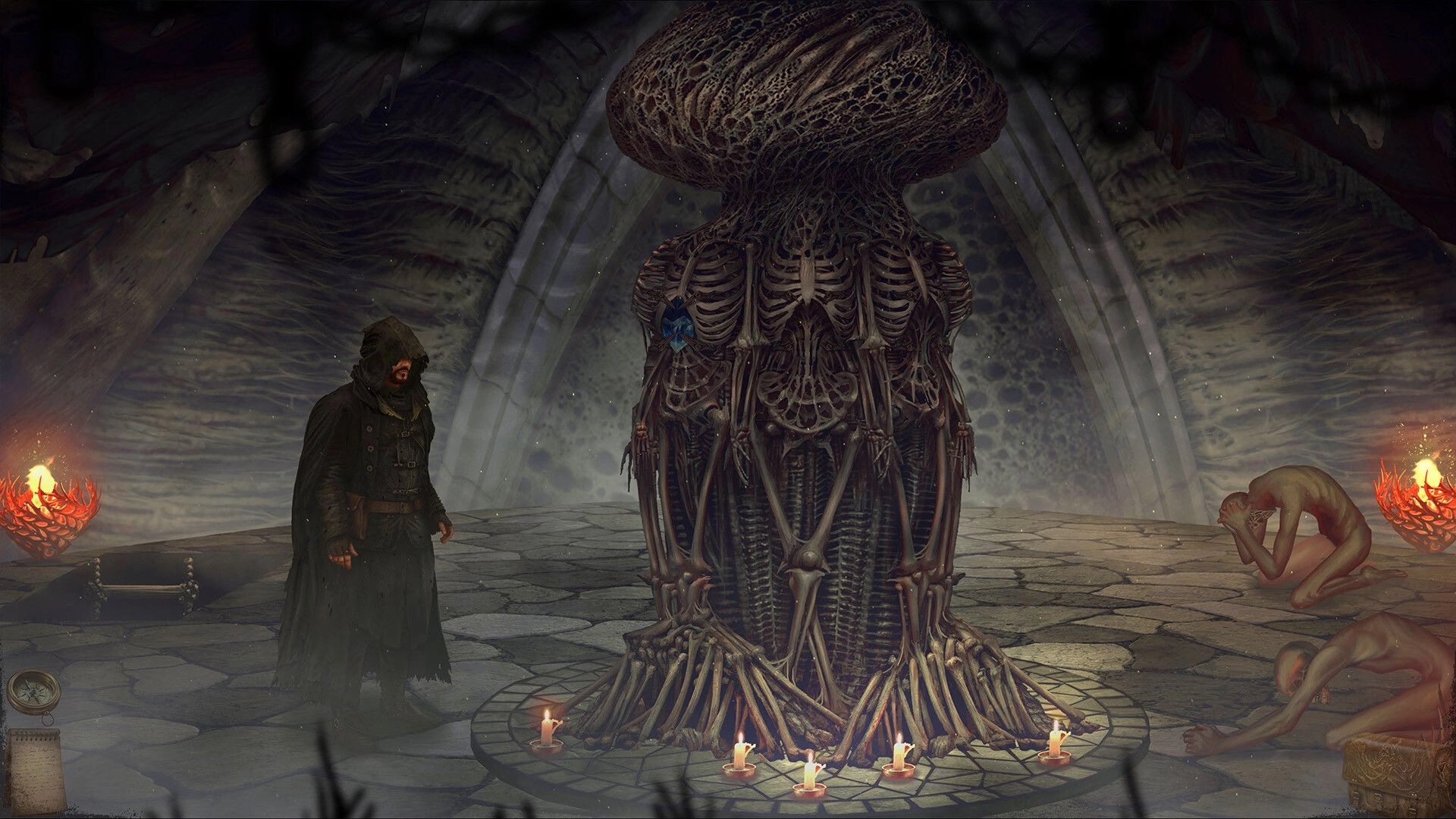 Tormentum II: Hooded figure faces a towering bone idol in a cavern altar lit by candles and braziers.