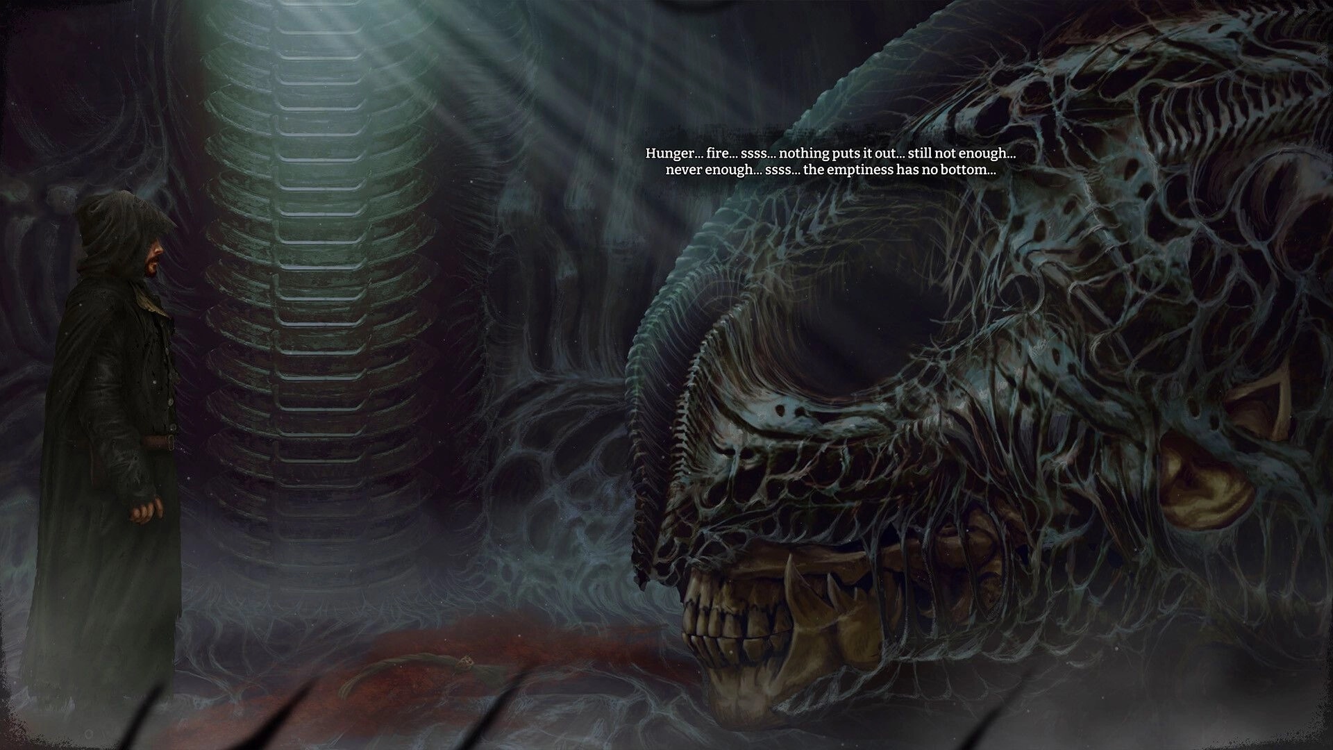 Tormentum II: Hooded man faces a giant skull creature with dialogue text in a misty biomech chamber.