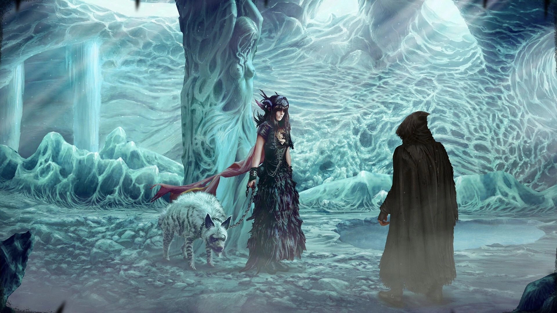 Tormentum II: Cloaked figure meets a dark priestess with a chained beast in an icy cavern hall.
