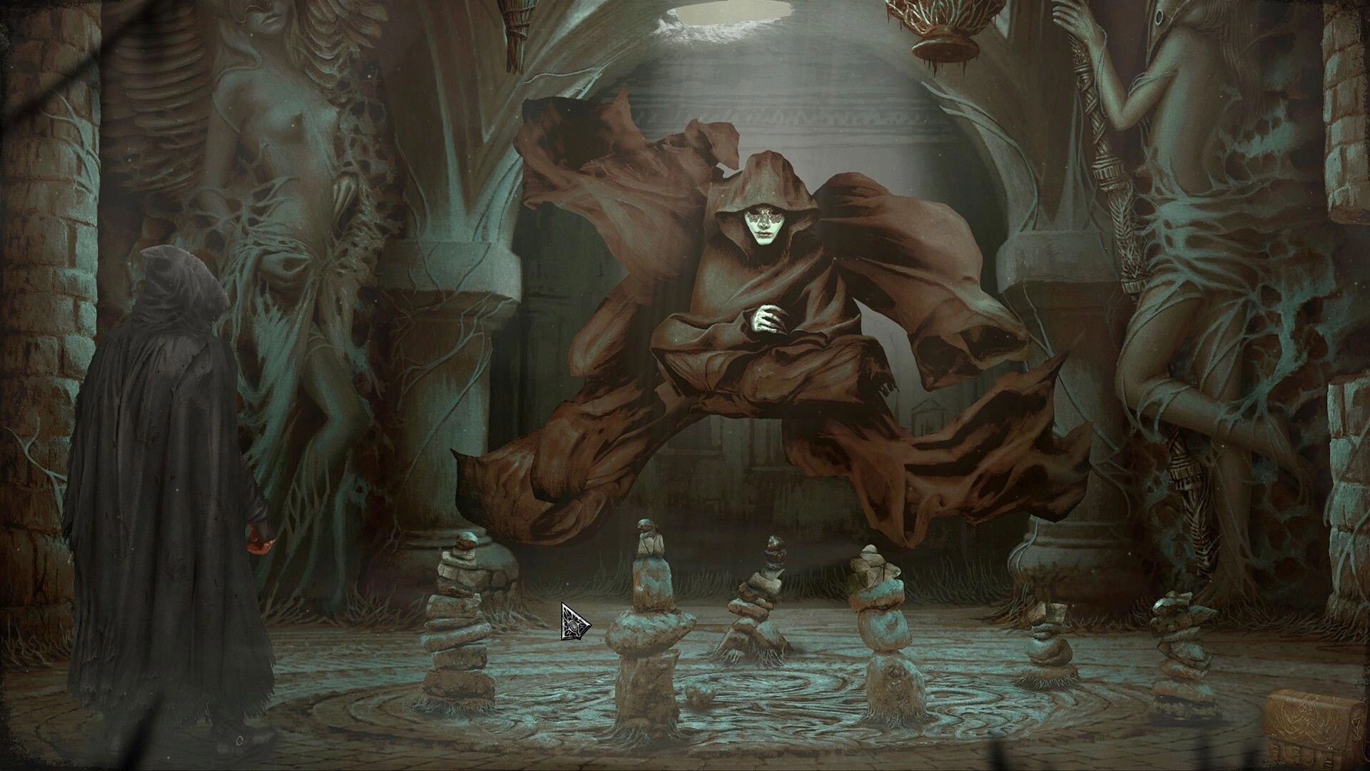 Tormentum II: Hooded figure faces a floating cloaked spirit in a statue-lined stone chamber puzzle scene.