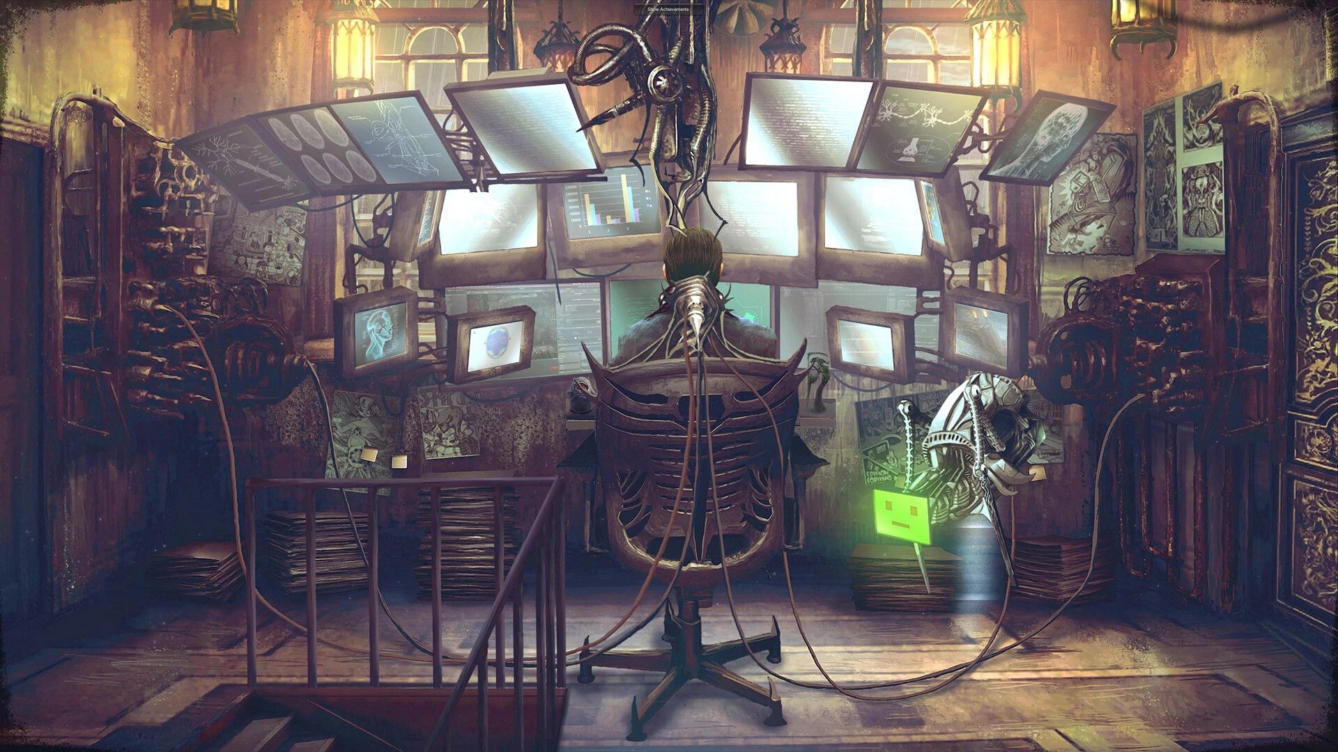 Tormentum II: Figure wired to a chair facing many monitors in a dim, cluttered laboratory room.