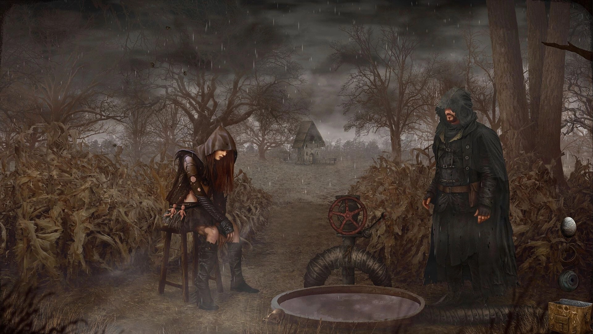 Tormentum II: Hooded man faces seated woman beside a rain-soaked well in a bleak dead forest path.