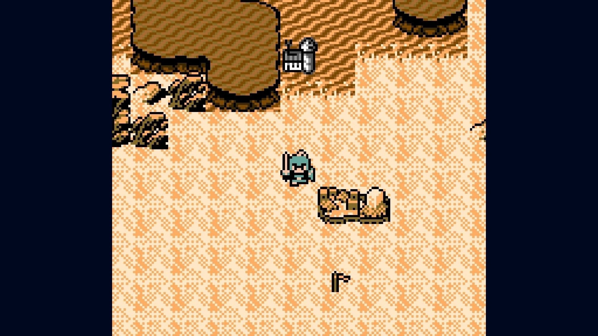 TORR: Pixel adventurer stands near a ruined building and flag marker on a sandy overworld map.