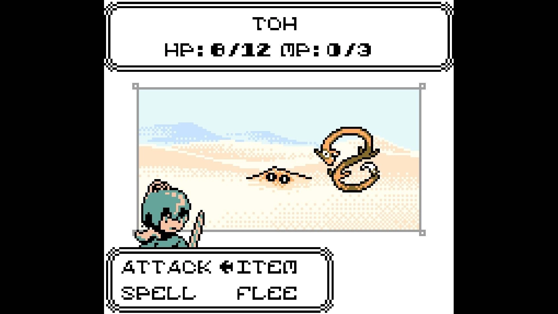 TORR: Turn-based battle menu with Attack, Item, Spell, Flee vs snake and sand creature in desert.
