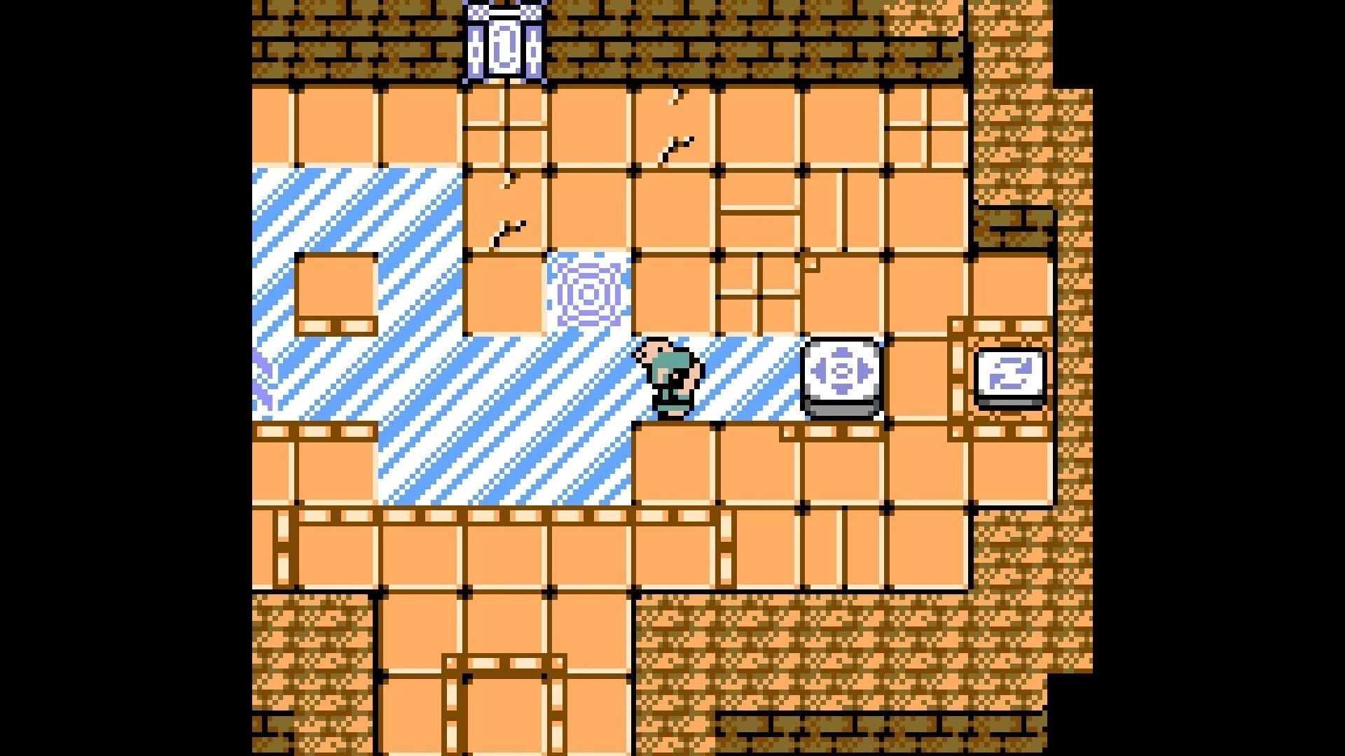 TORR: Pixel hero stands on icy tiles beside rune blocks and switches in a tan stone dungeon room.