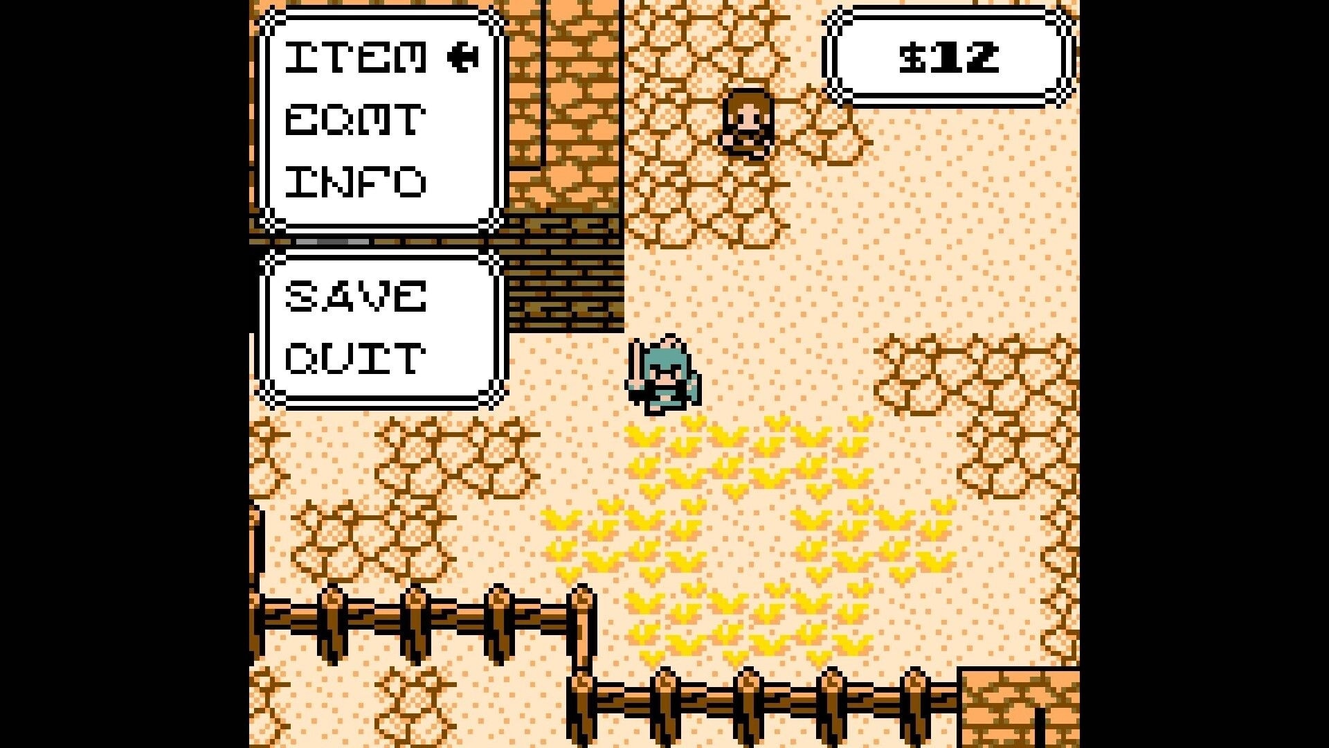 TORR: Pause menu with Item, Equip, Info, Save, Quit over a sandy village path with $12 shown.
