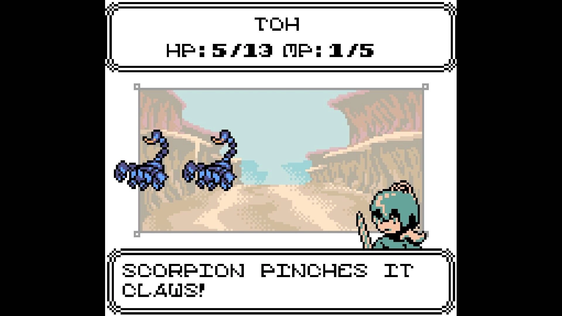 TORR: Turn-based battle UI with two scorpion enemies and hero sprite in a rocky canyon backdrop.