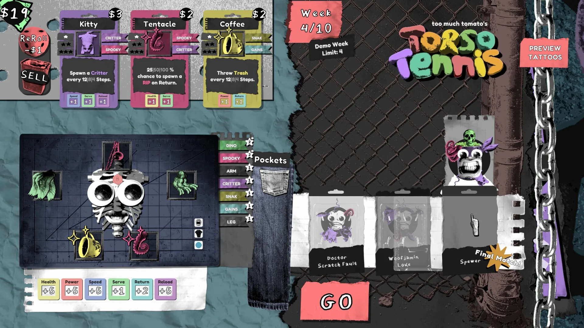 TORSO TENNIS: Character with grafted limbs in inventory menu, options for critters and spooky items visible.