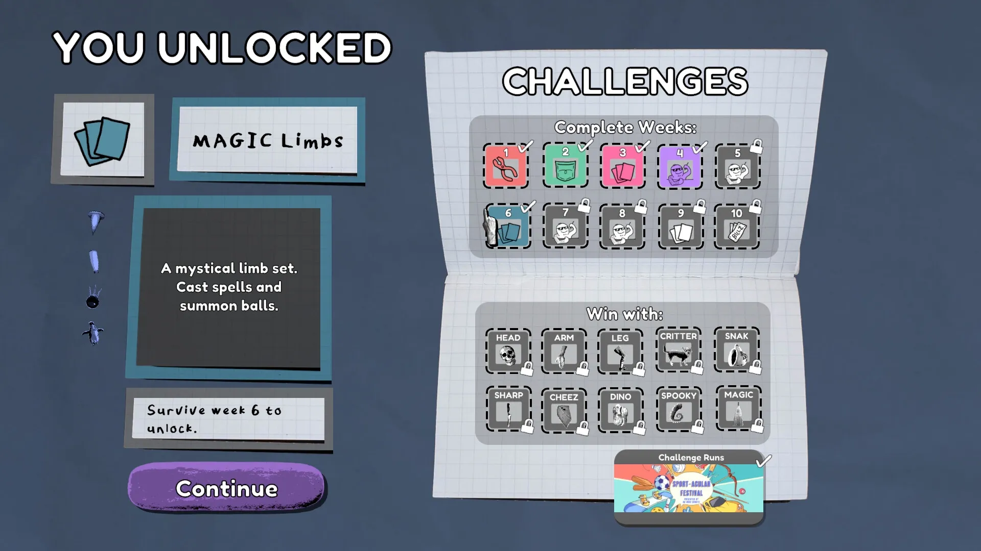 TORSO TENNIS: Unlock screen showing new "MAGIC Limbs" with challenges and progress tracker visible.