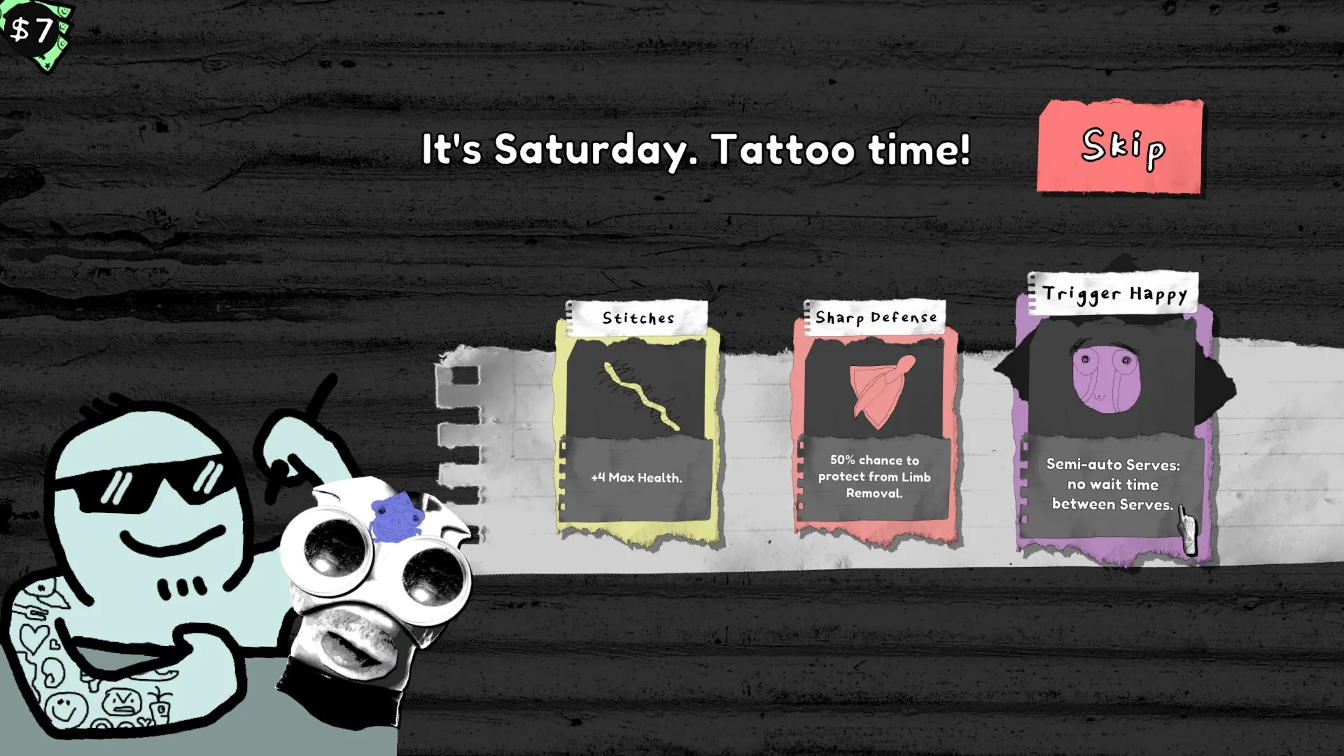 TORSO TENNIS: Tattoo selection screen with options for Stitches, Sharp Defense, and Trigger Happy