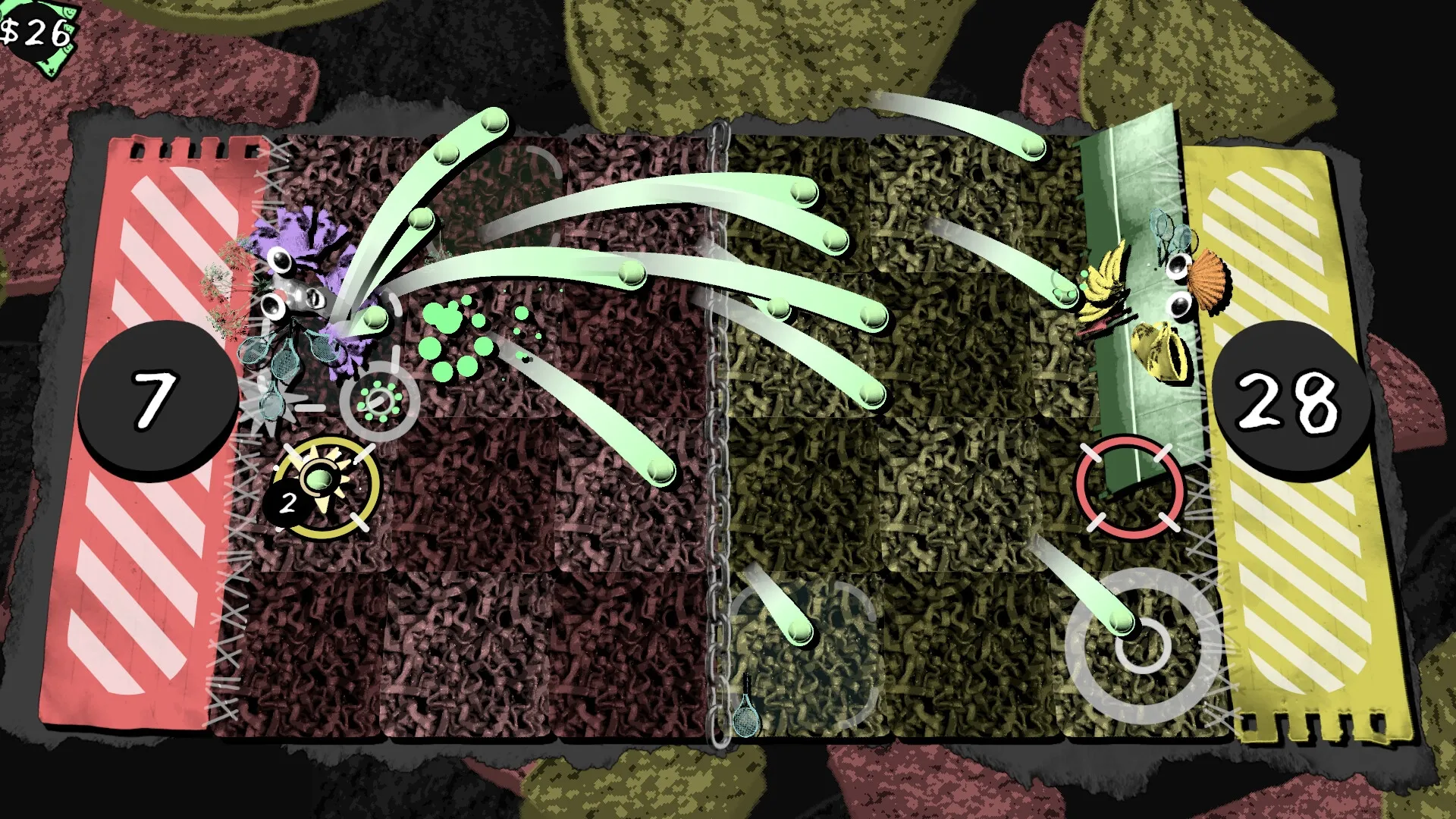 TORSO TENNIS: Two players engage in a chaotic match with vibrant graphics and score counters visible.