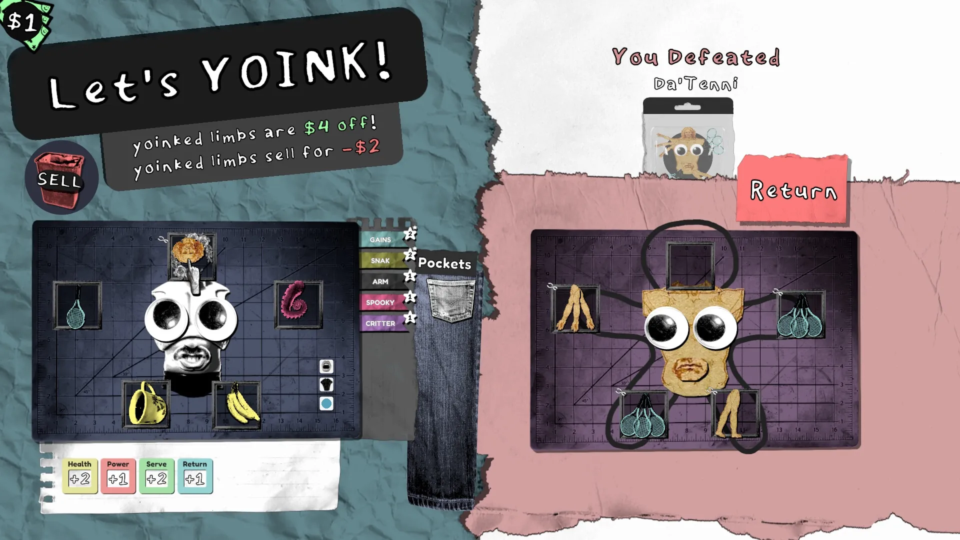 TORSO TENNIS: Character customization screen with limbs, tennis gear, and stats visible in workshop.