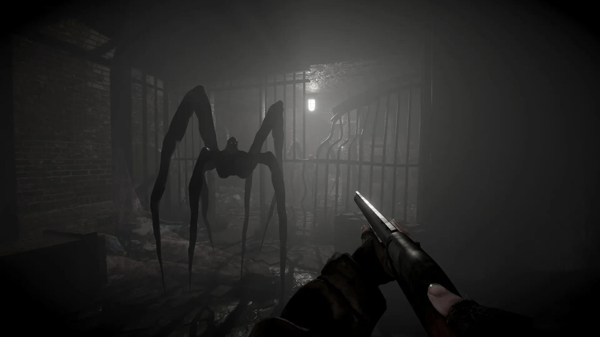 Total Chaos: Player aims shotgun at looming spider-like creature in dimly lit, decaying prison cell.