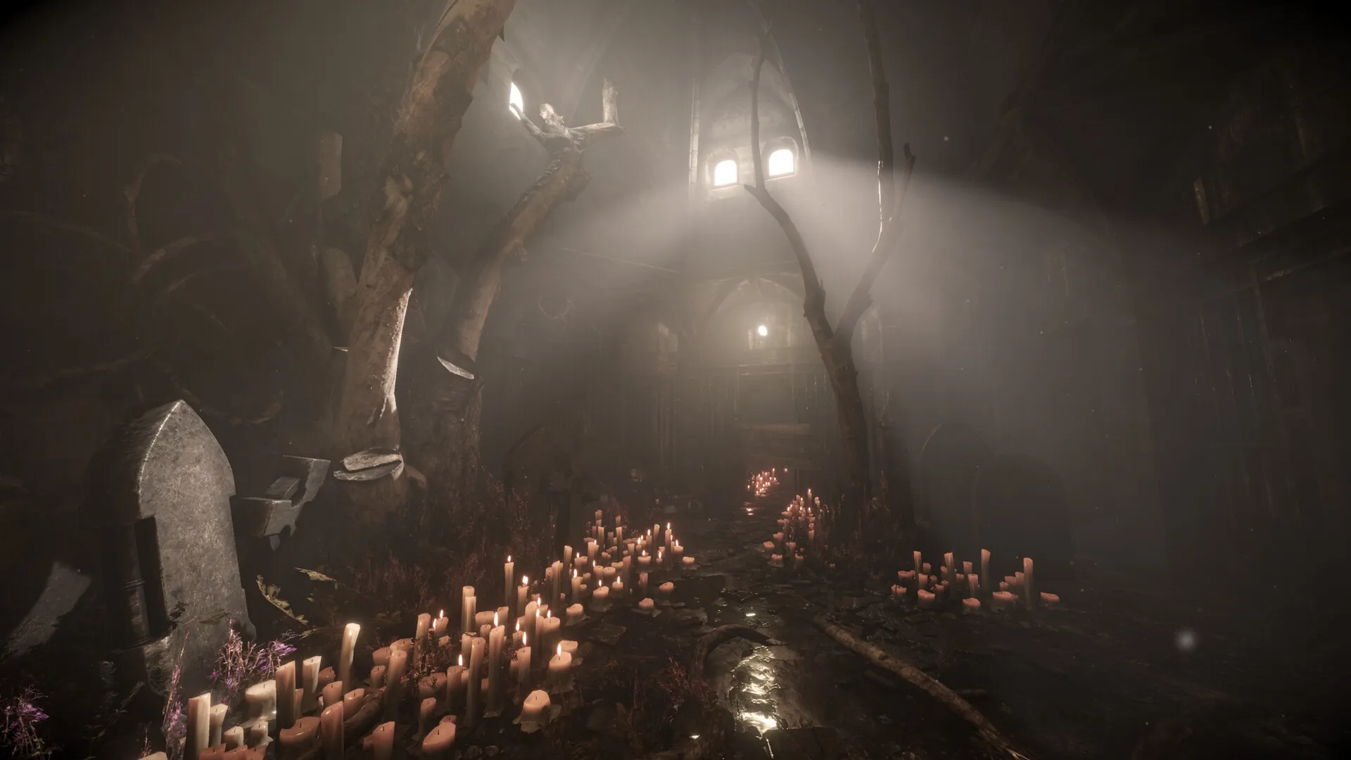 Total Chaos: Dimly lit cathedral interior with scattered candles and overgrown trees