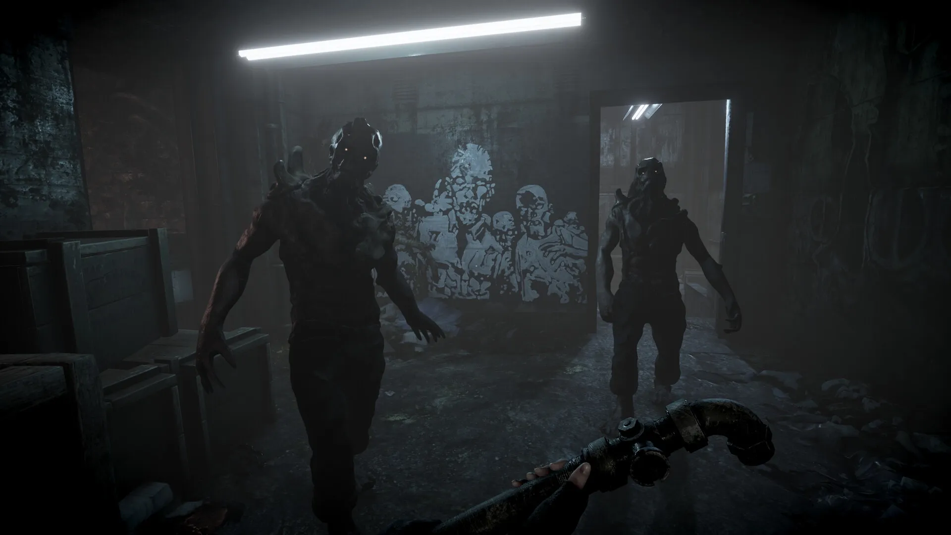 Total Chaos: Player faces two monstrous creatures in a dimly lit, graffiti-covered corridor