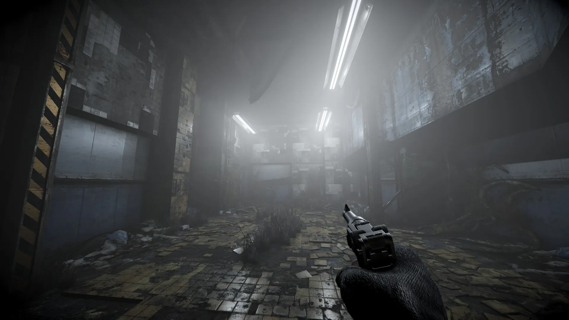 Total Chaos: Player aims a revolver in a foggy, dilapidated hallway with flickering fluorescent lights.