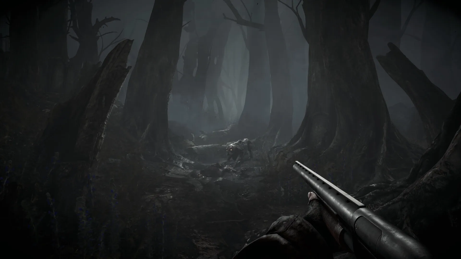 Total Chaos: Player aiming shotgun at creature in dark, eerie forest environment