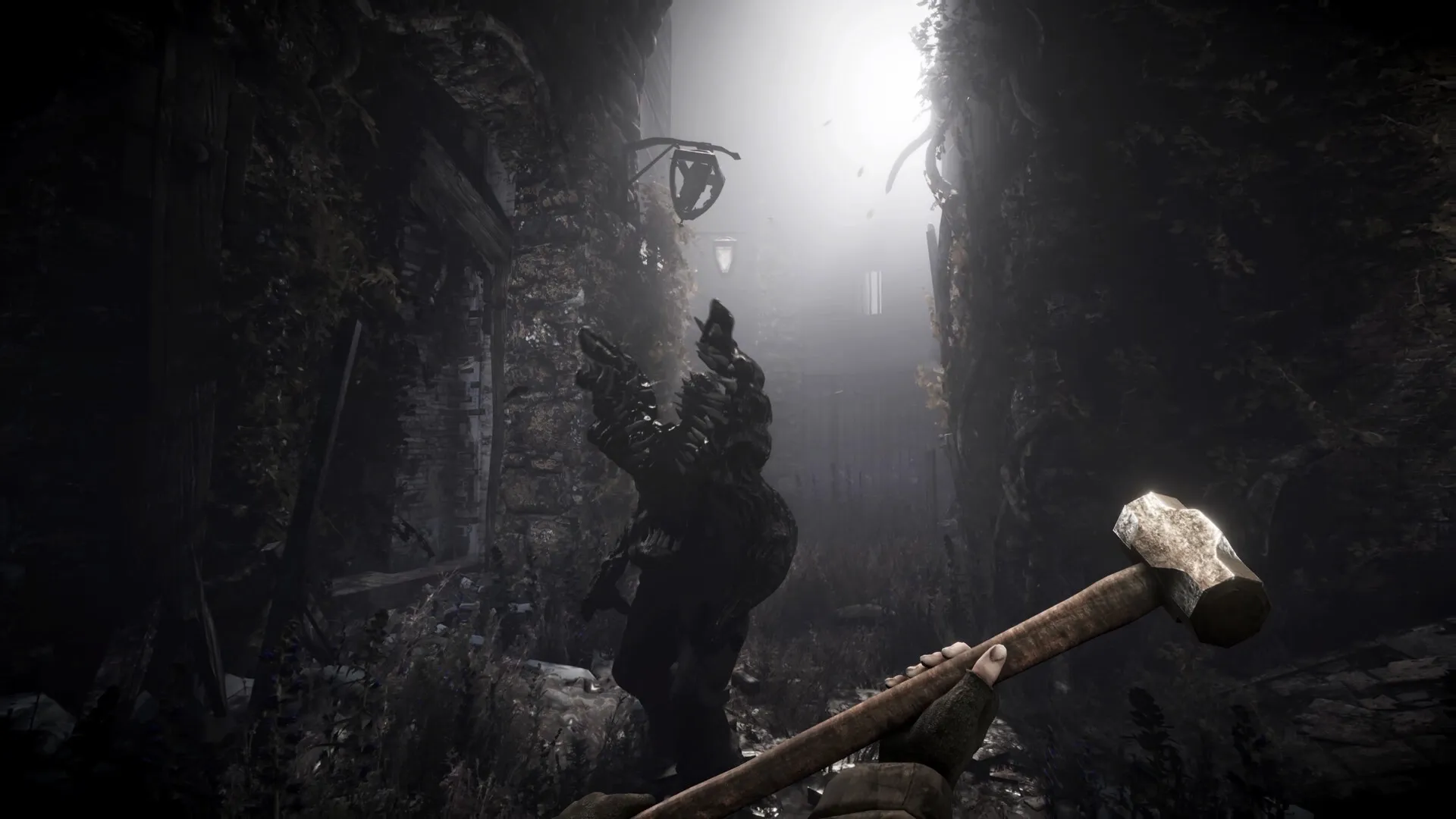 Total Chaos: Player brandishes hammer facing monstrous creature in overgrown ruin passageway