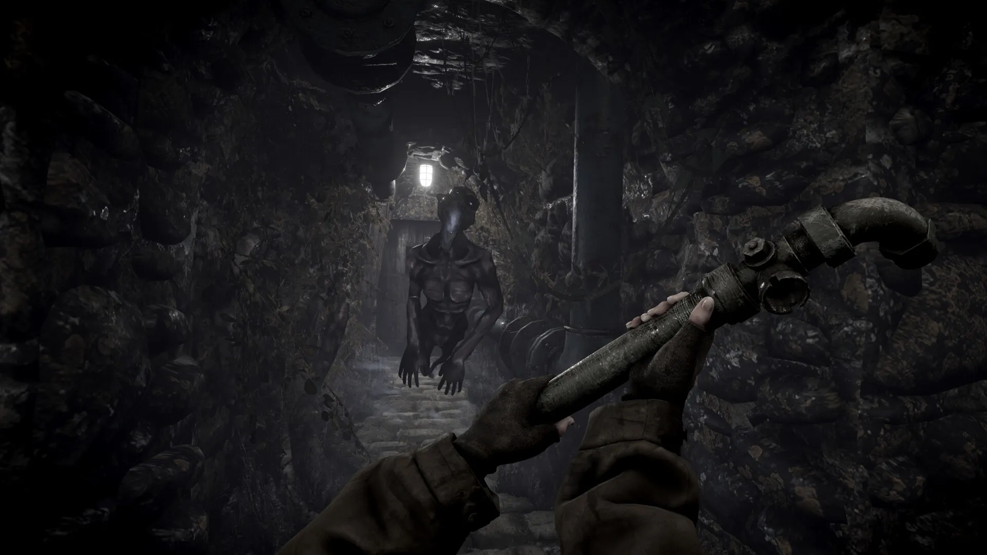 Total Chaos: Player holding a pipe weapon facing a creature in a dimly lit underground tunnel
