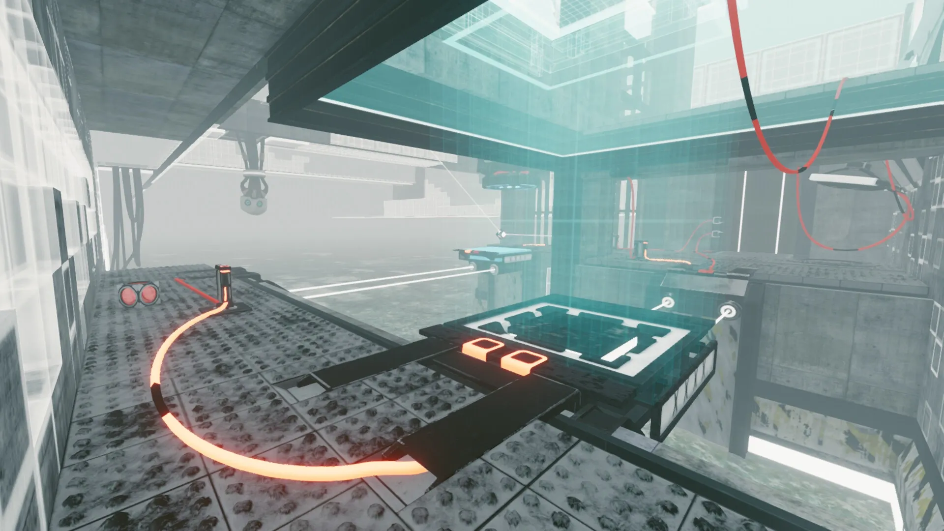 Total Reload: Navigate puzzle platforms with neon-lit wires in a futuristic industrial environment.