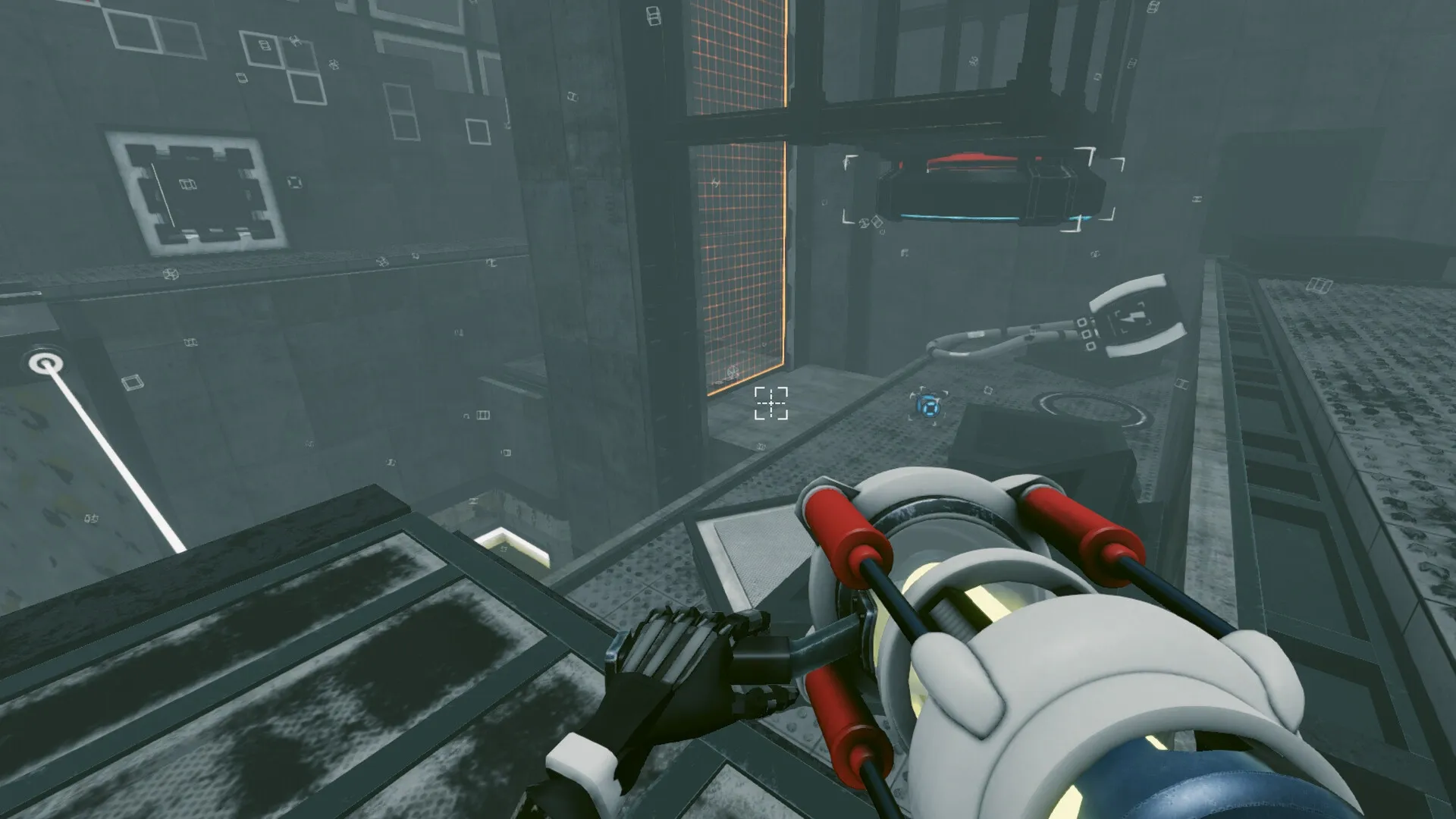 Total Reload: Player holding futuristic weapon navigating industrial platform with glowing grid barriers
