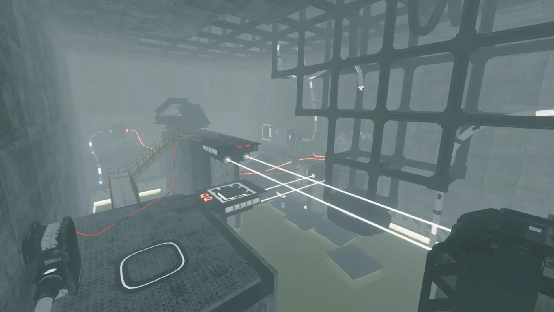 Total Reload: Complex puzzle room with laser beams and platforms in an industrial environment.