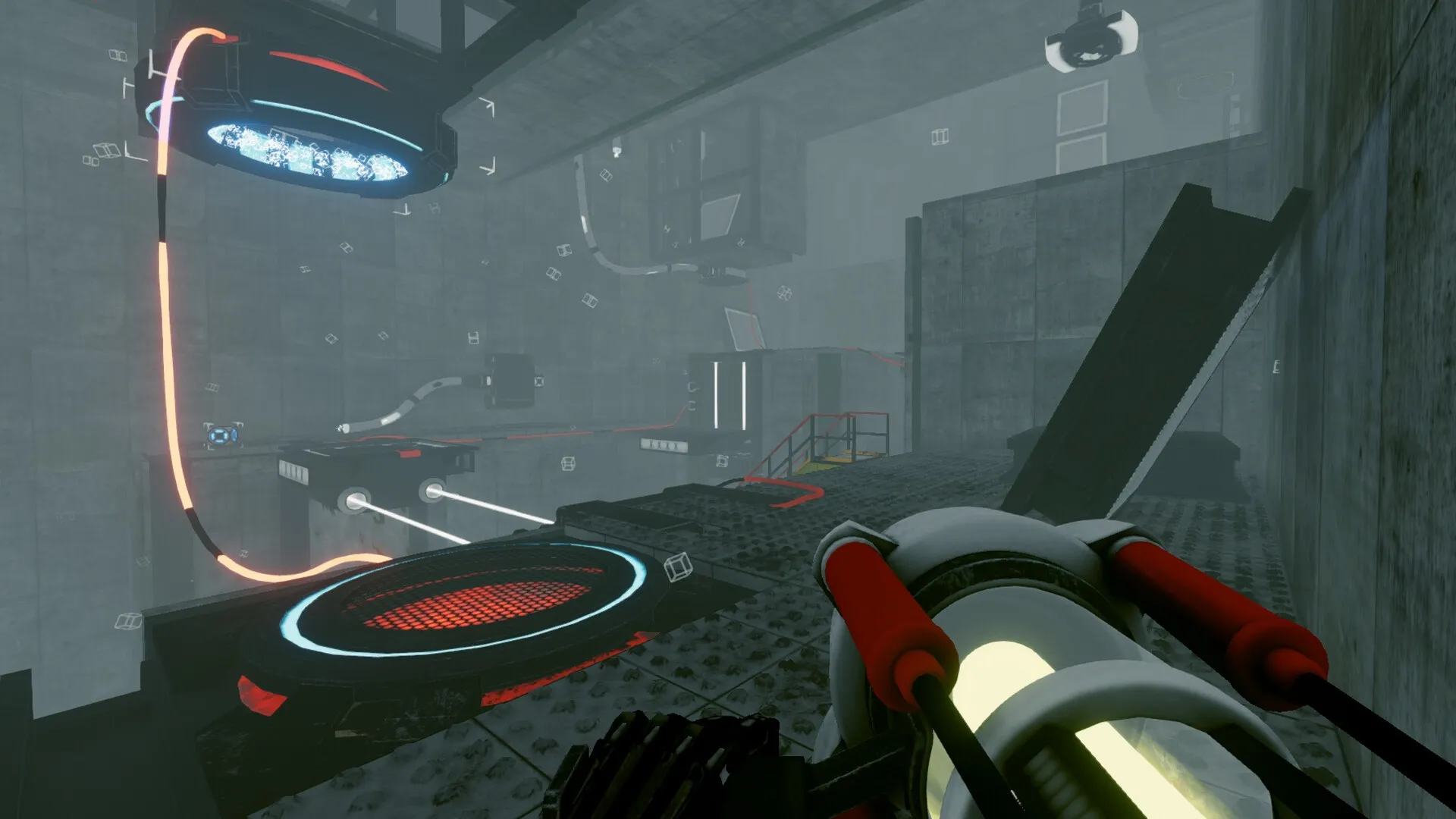 Total Reload: Player holding a futuristic device in an industrial lab with glowing wires and platforms