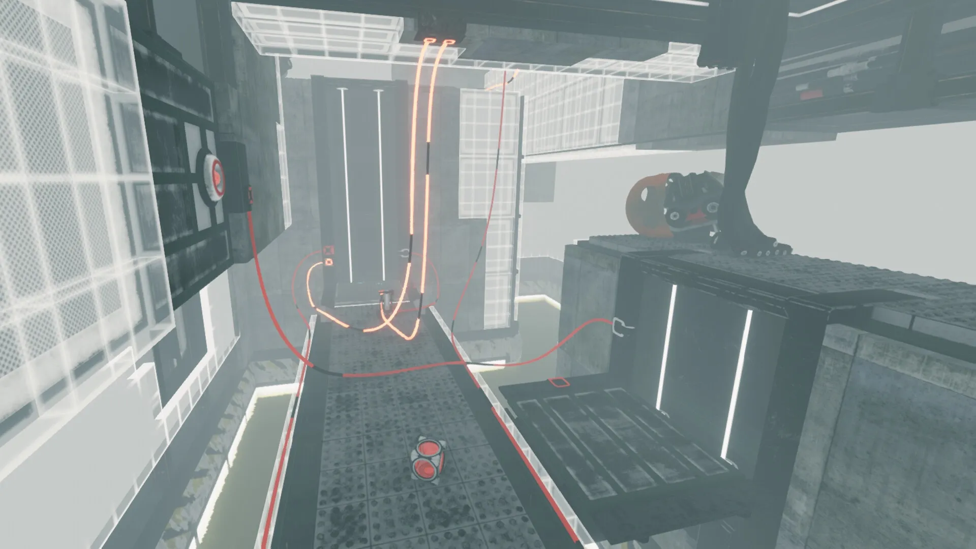 Total Reload: Navigating puzzle platform with glowing wires and red cube in futuristic gray structure