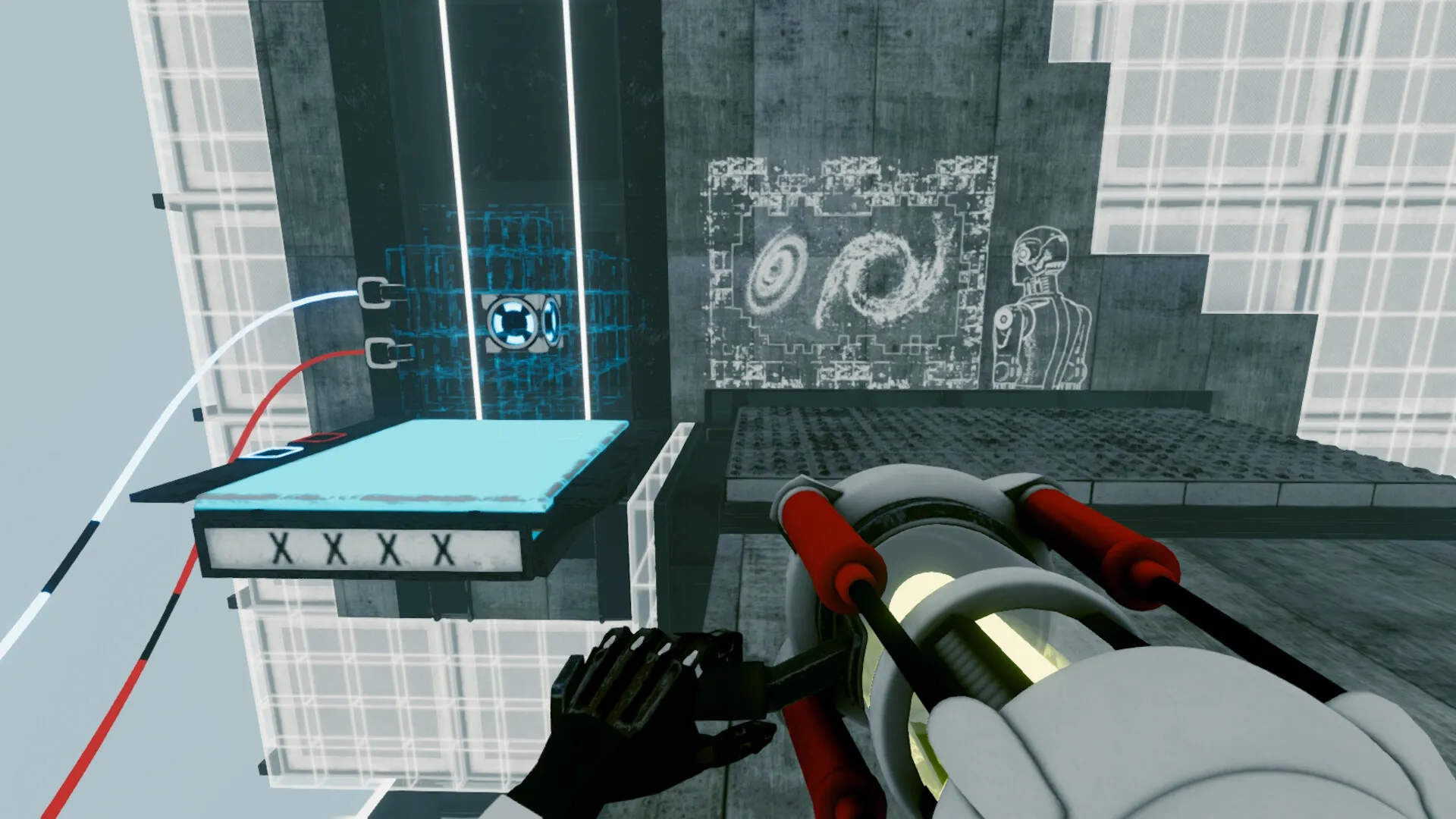Total Reload: Player aims a futuristic device at a platform with blue energy in a sci-fi environment.