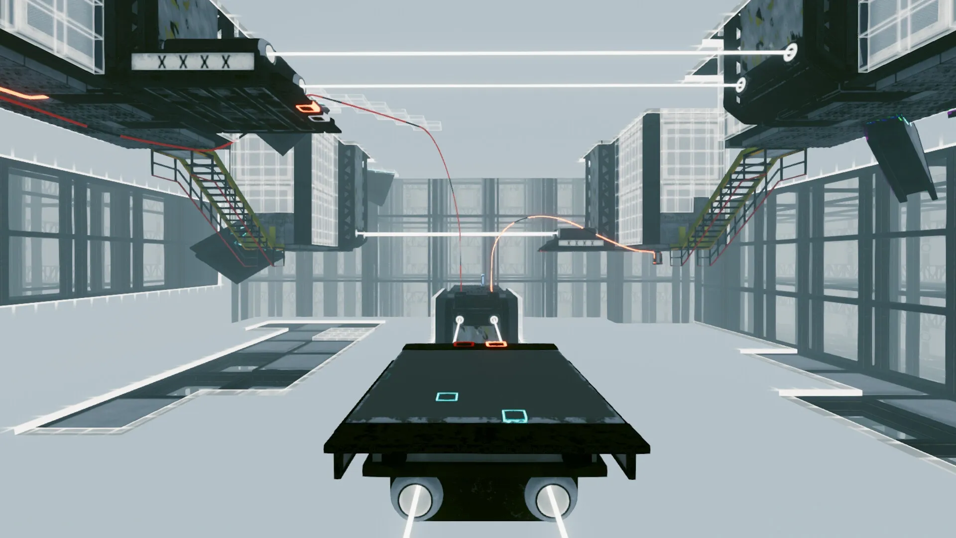 Total Reload: HAWKING activating mechanism with glowing wires in futuristic puzzle chamber