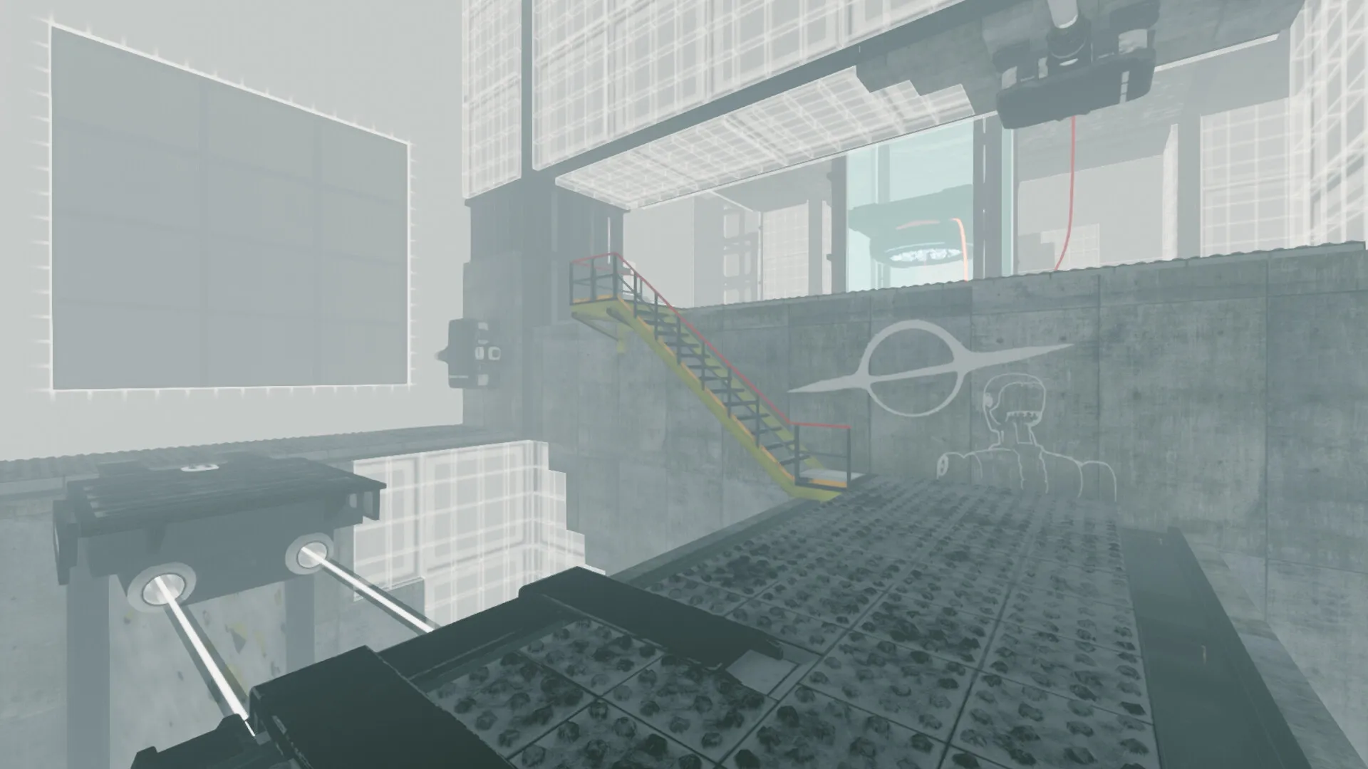 Total Reload: Industrial platform with stairs and wall graffiti in a futuristic, grid-lined environment