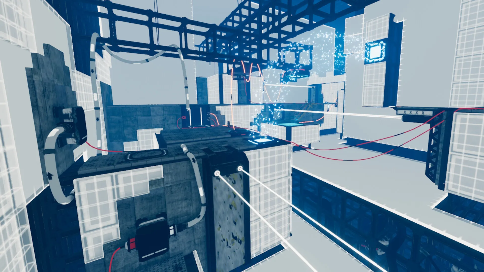 Total Reload: Complex puzzle environment with glowing wires and floating platforms in futuristic setting