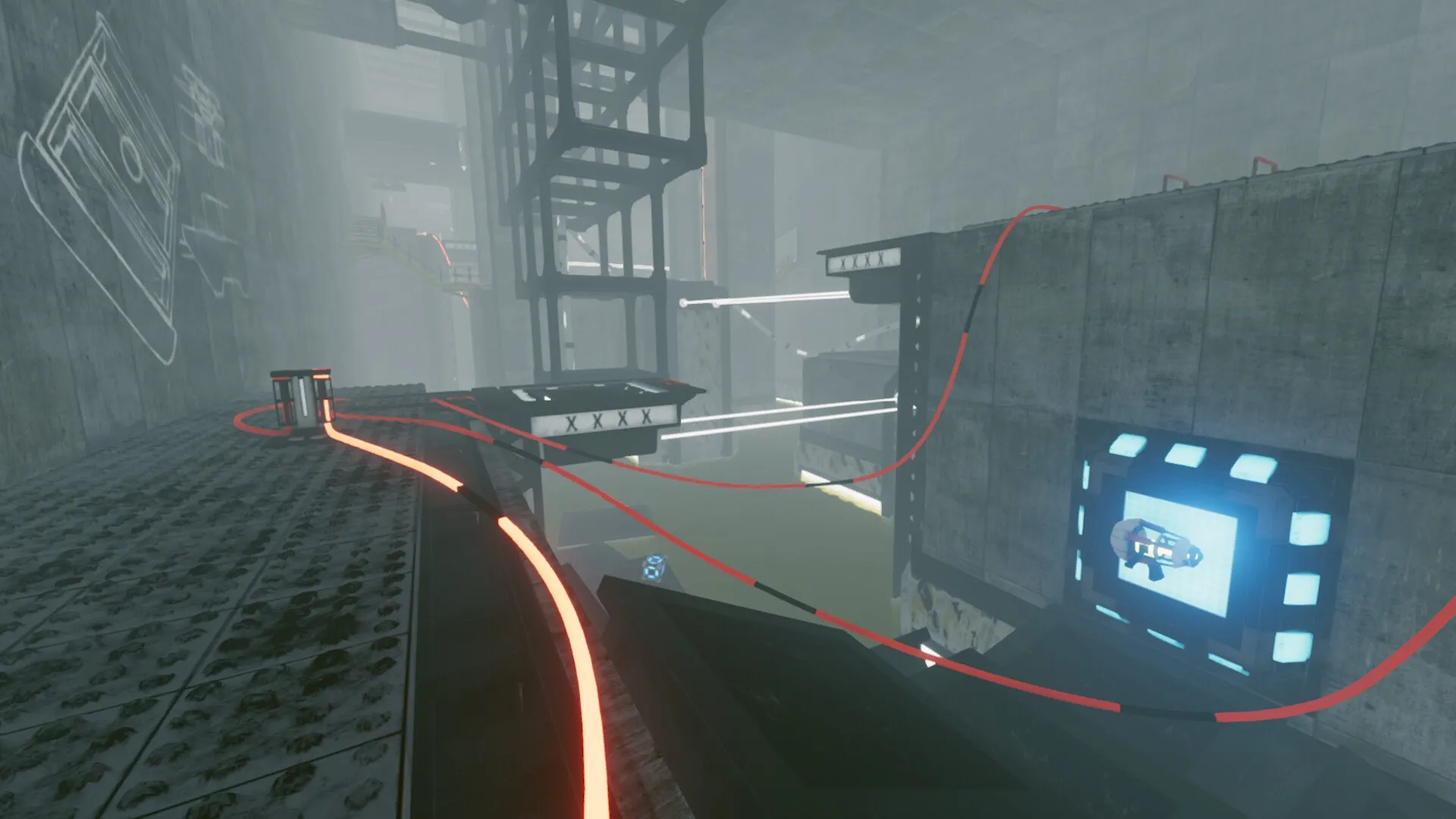 Total Reload: Puzzle platform with glowing wires and control panel in industrial environment